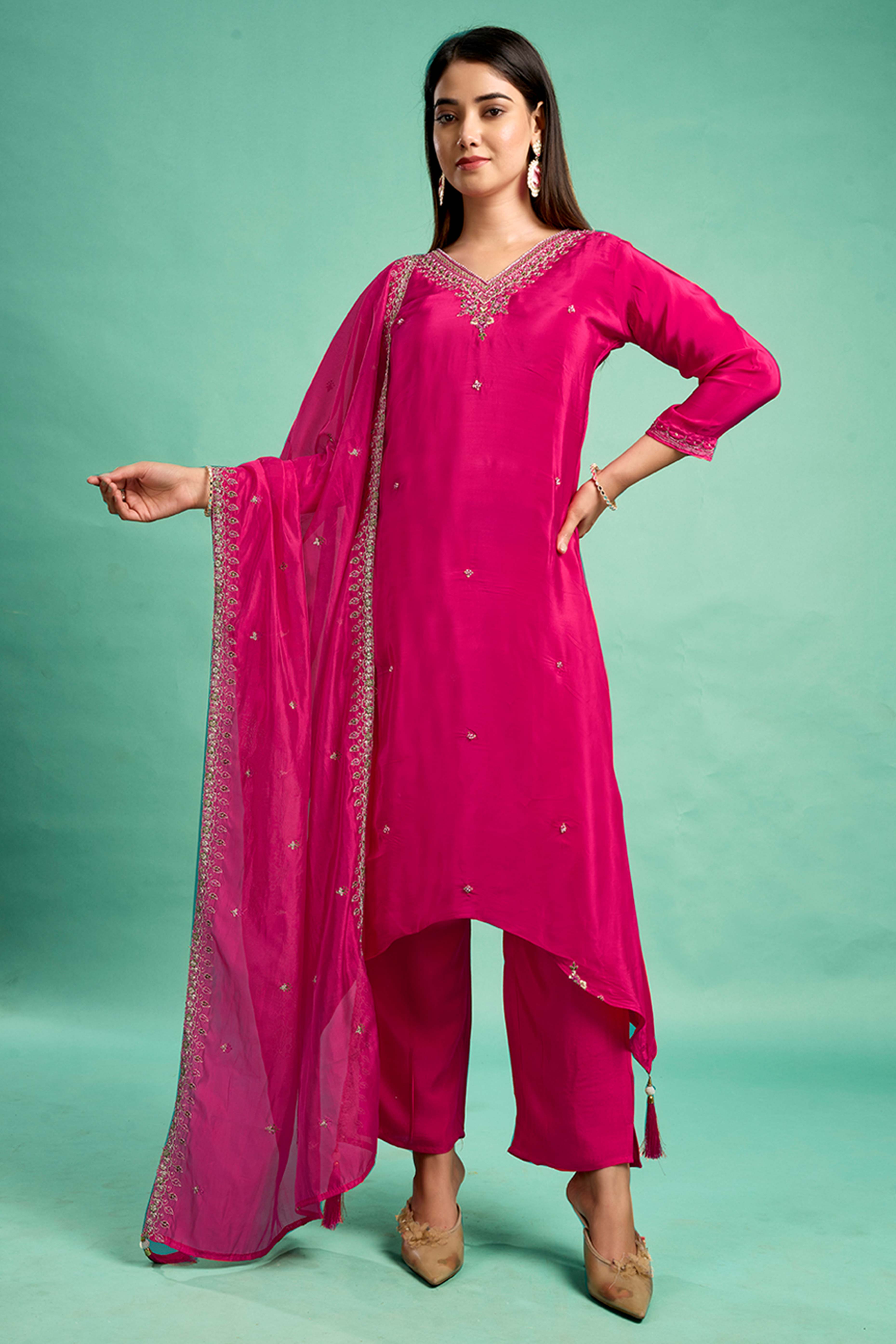 Rani Pink Sequins Embroidered Viscose Crepe Straight Salwar Suit
