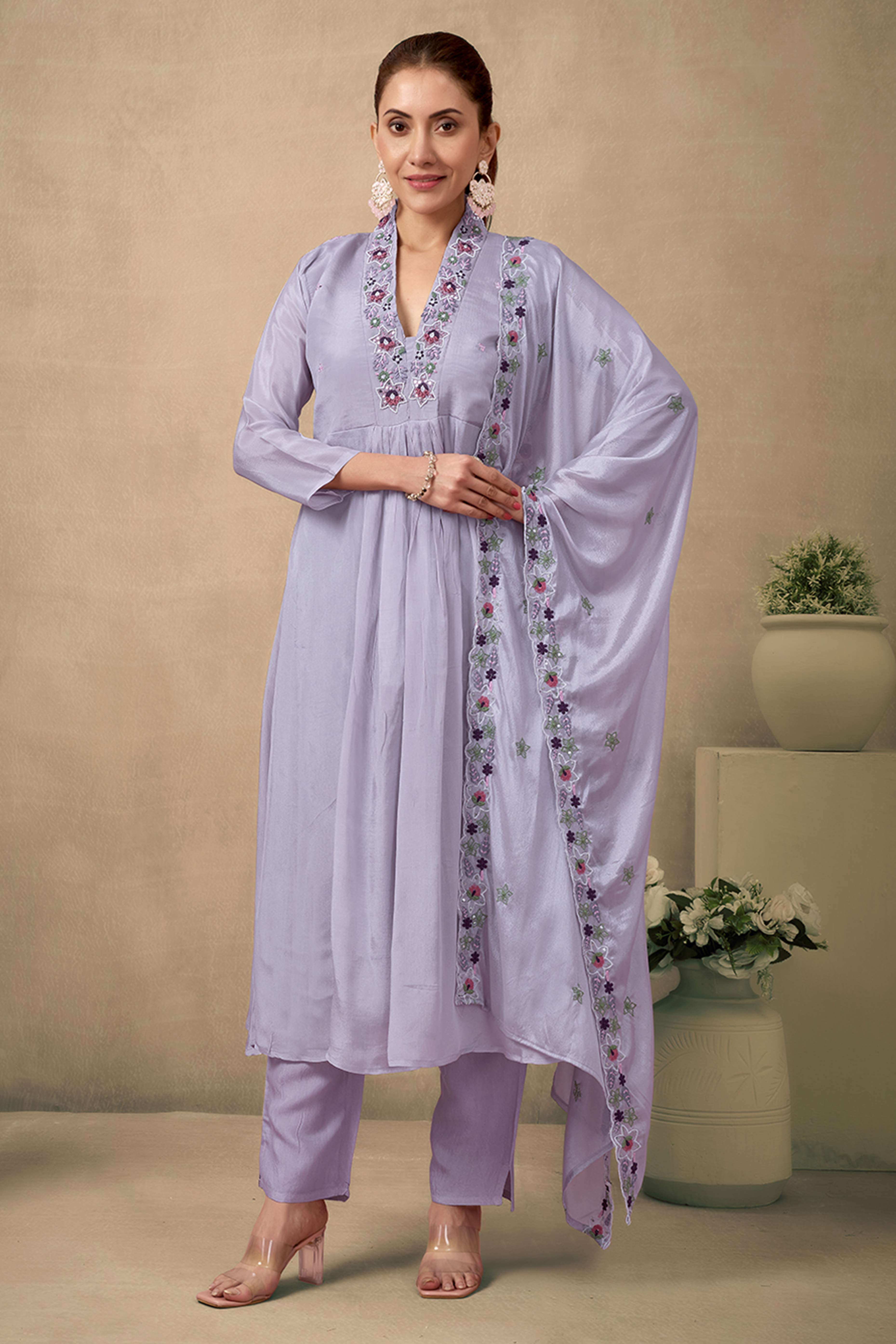 Grey Floral Embroidery With Handwork Viscose Anarkali Salwar Suit