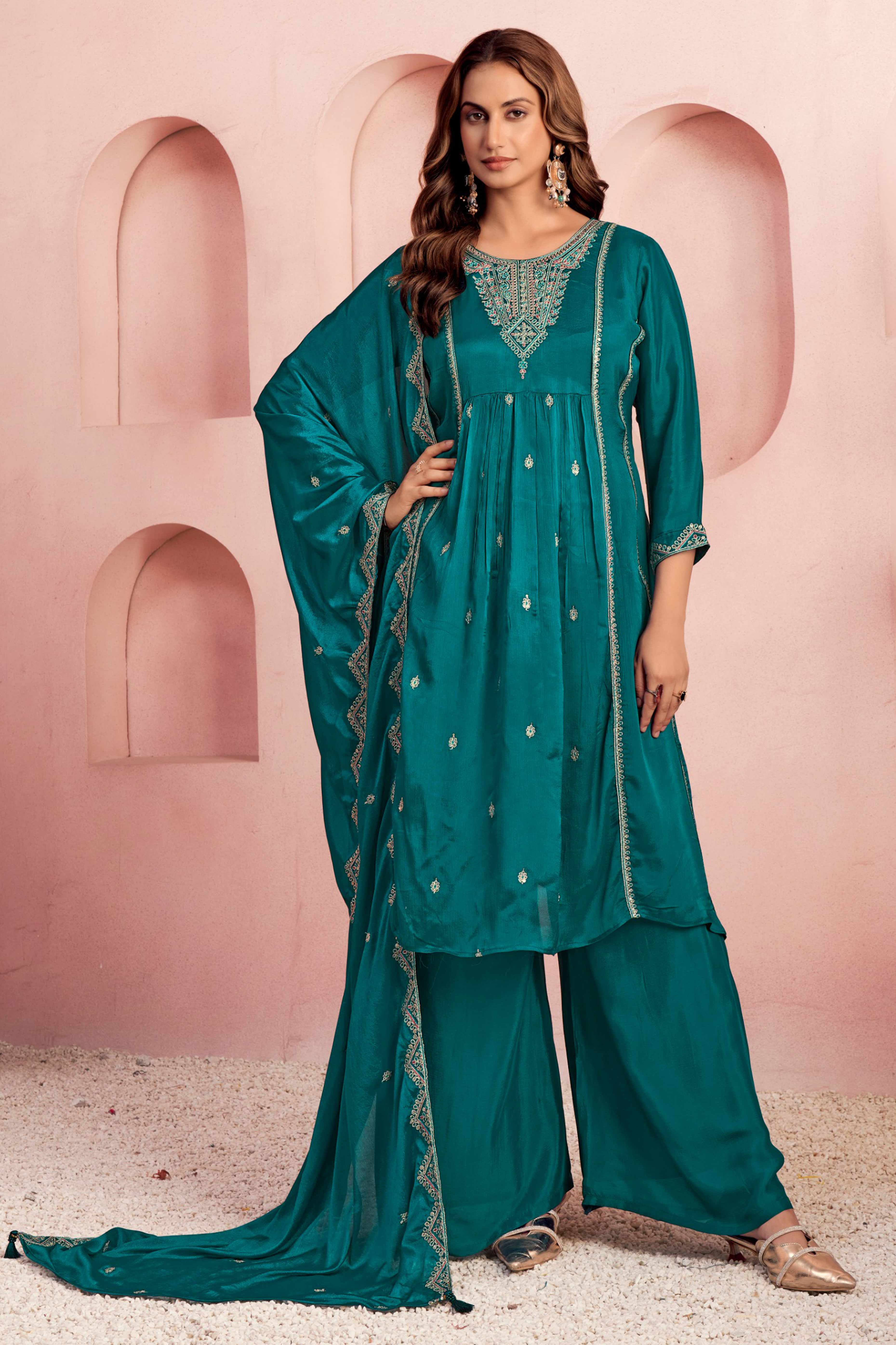 Teal Viscose Chinon A-Line Suit with Elegant Thread Embroidery