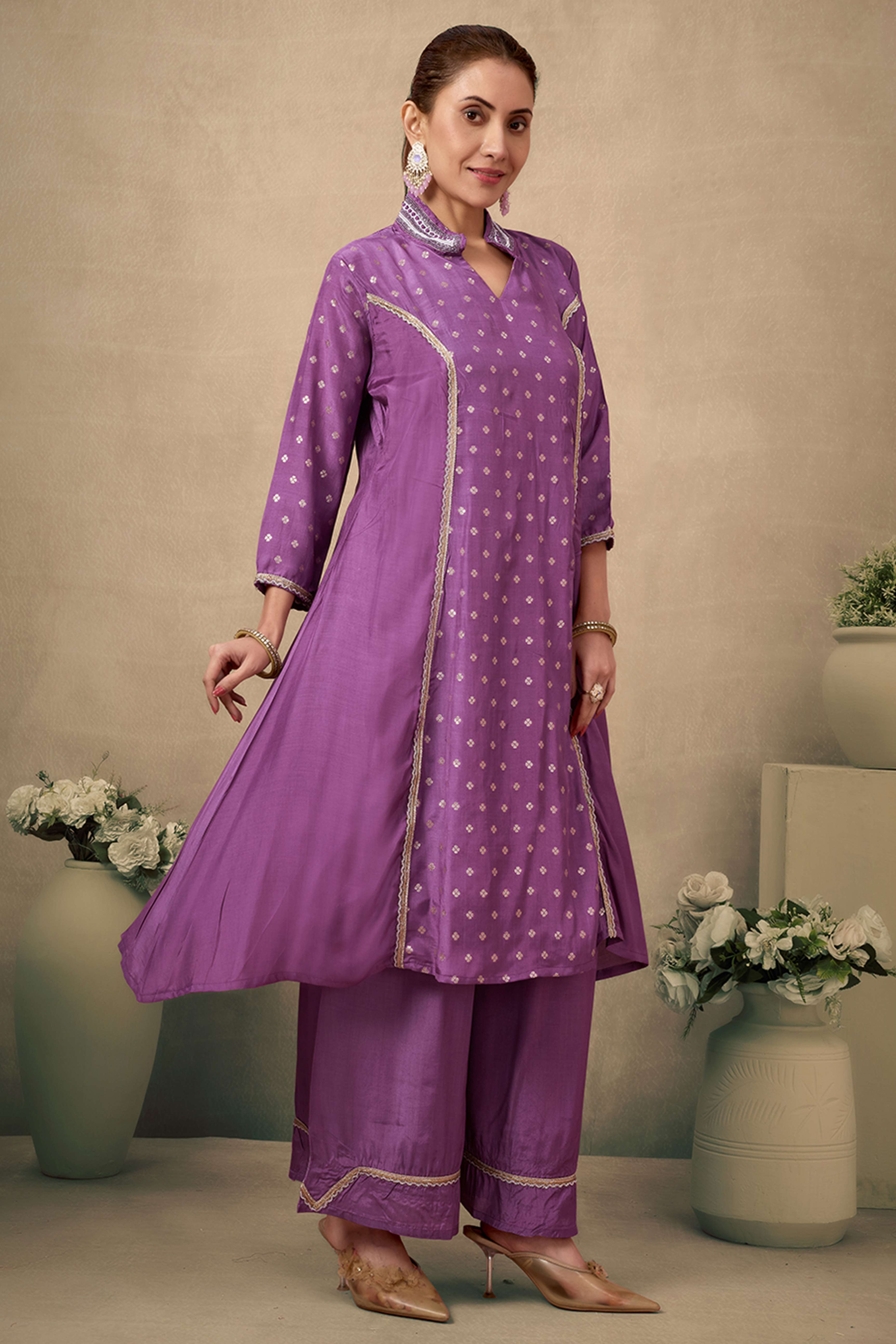 Lavender Silk Blend A-Line Top Bottom Set With Zari Weaving And Stone Work