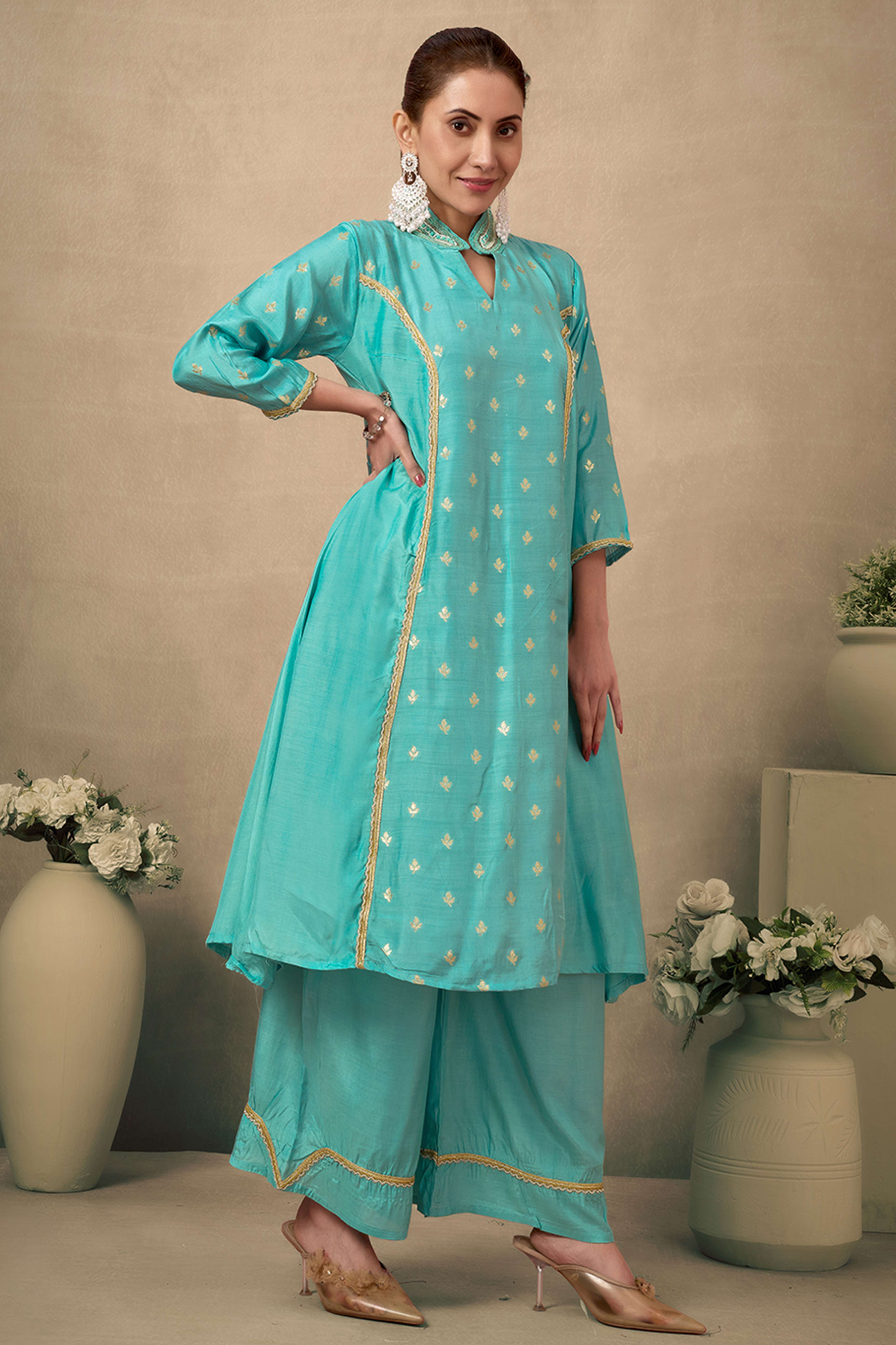 Turquoise Silk Blend A-Line Top Bottom Set With Zari Weaving And Stone Work