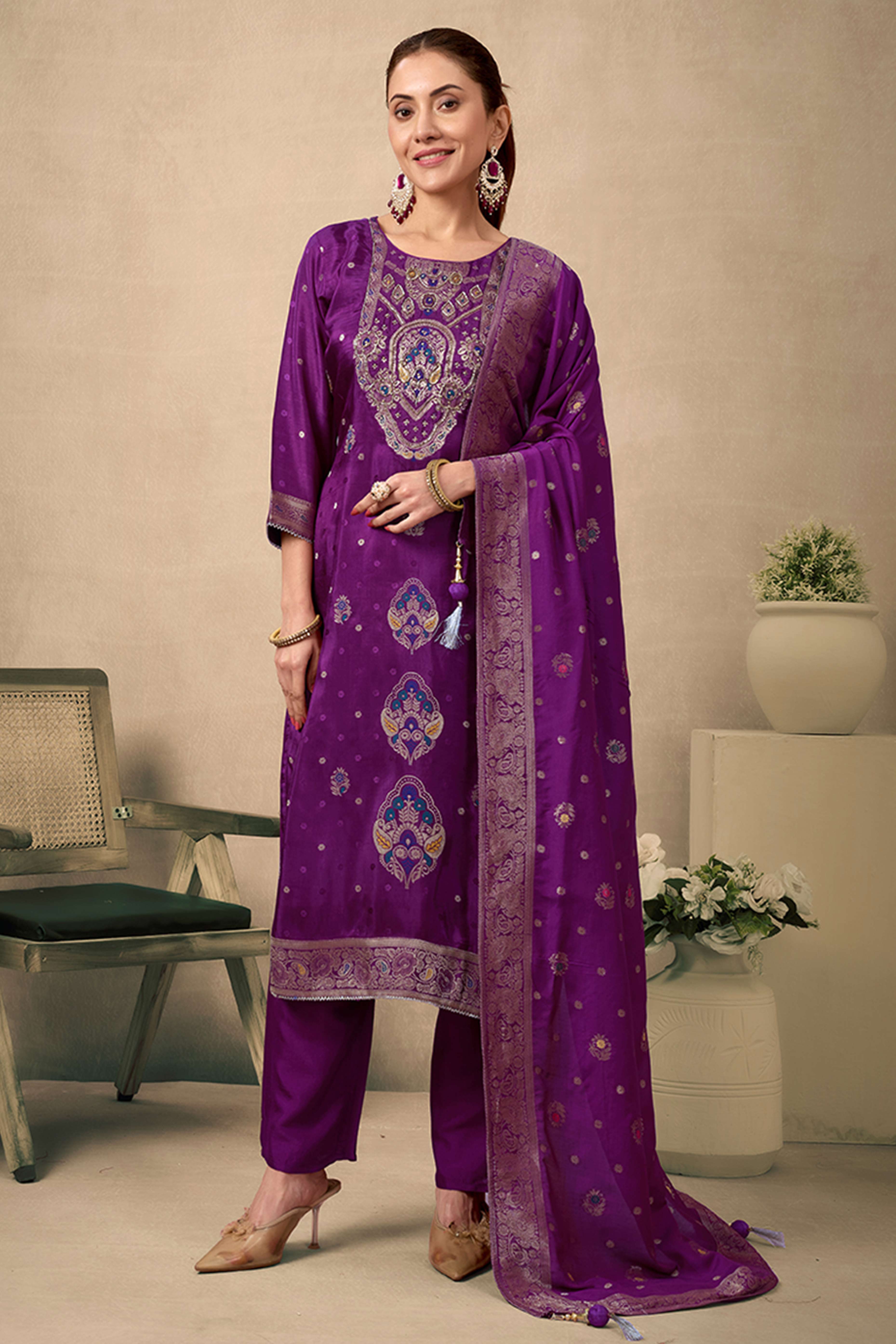 Wine Colored Viscose Jacquard Silk Straight Salwar Suit With Zari Weaving And Stone Work.