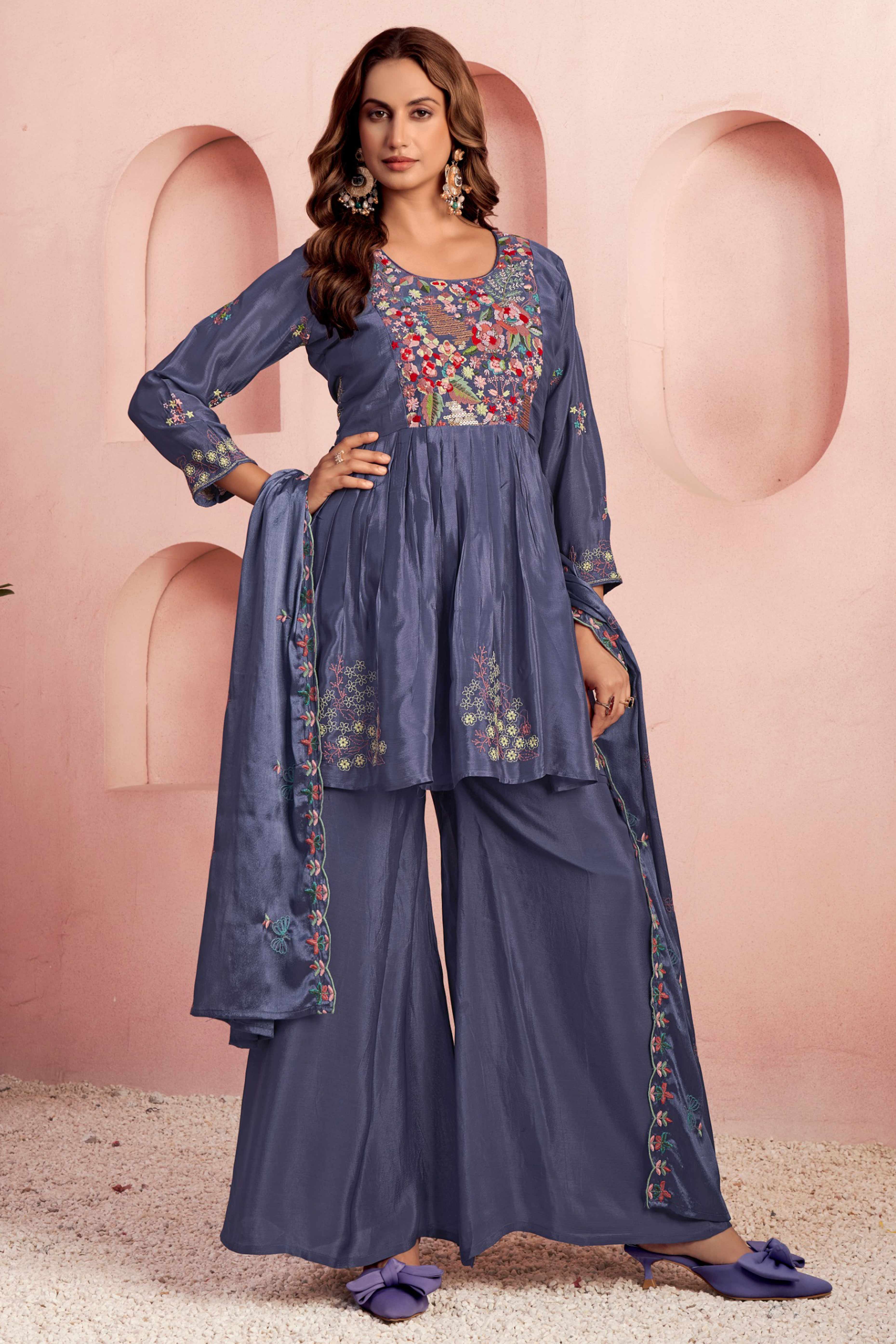 Dark Purple Viscose Chinon Salwar Suit with Handcrafted Floral Embroidery