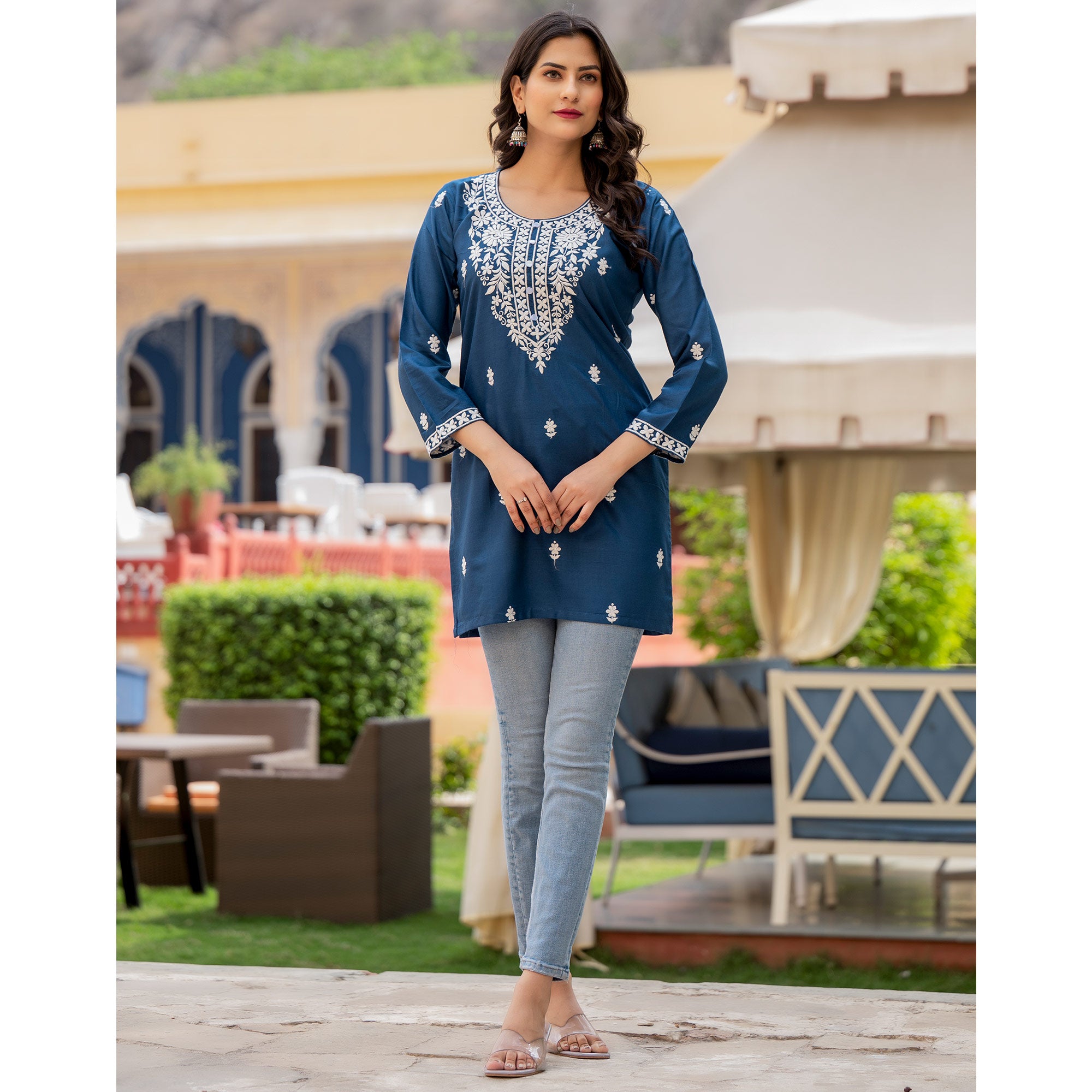 Blue Embroidered Rayon Straight Top