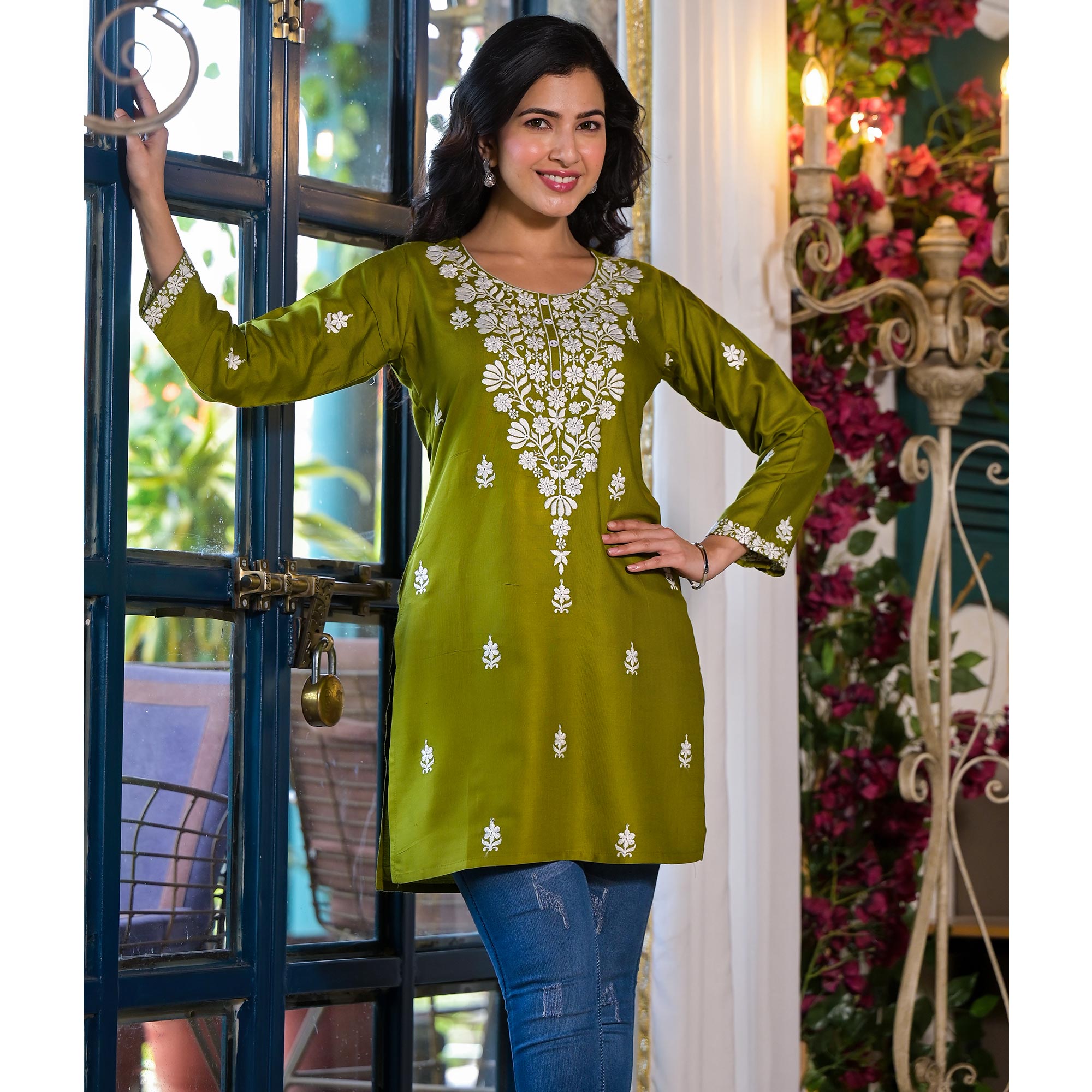 Green Embroidered Rayon Straight Top