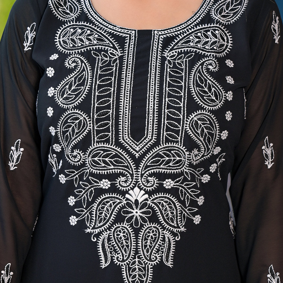 Black Embroidered Georgette Straight Kurti