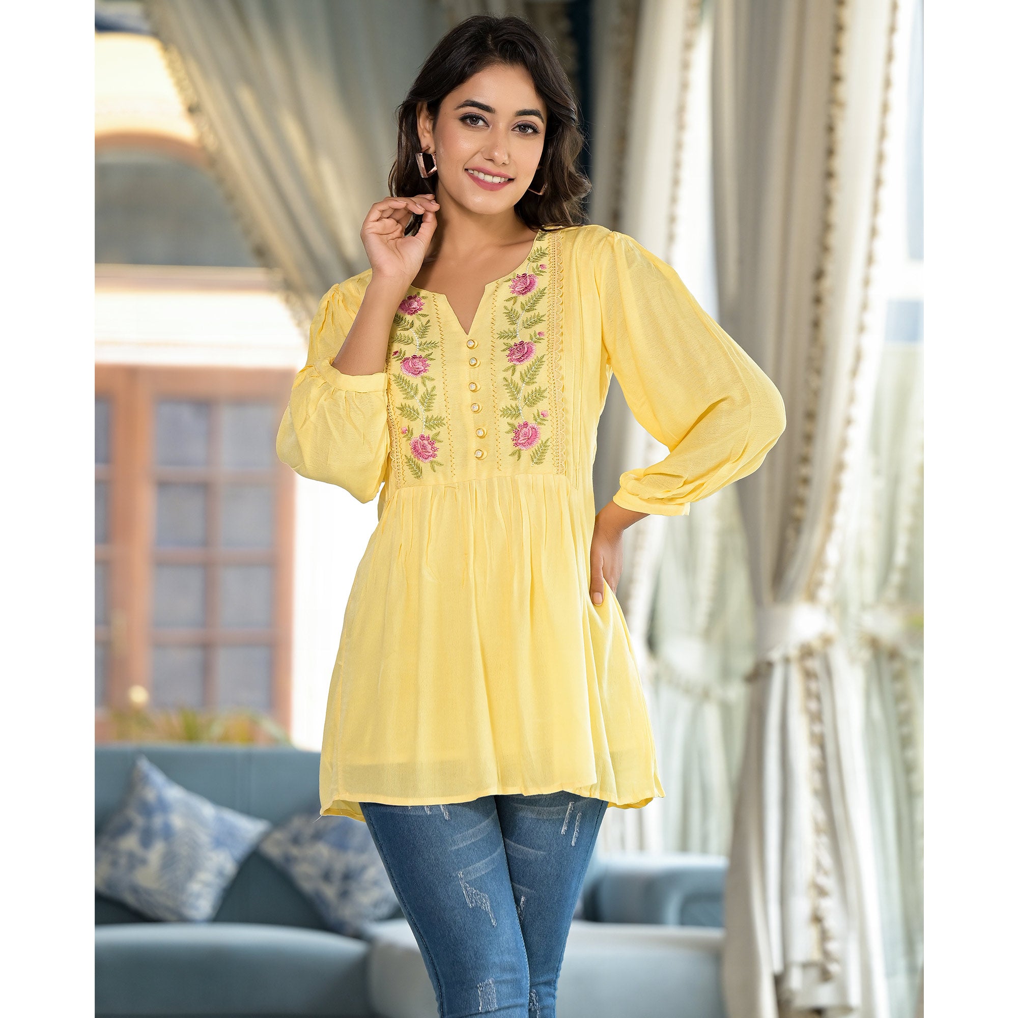 Yellow Yoke Embroidered Rayon A-Line Top