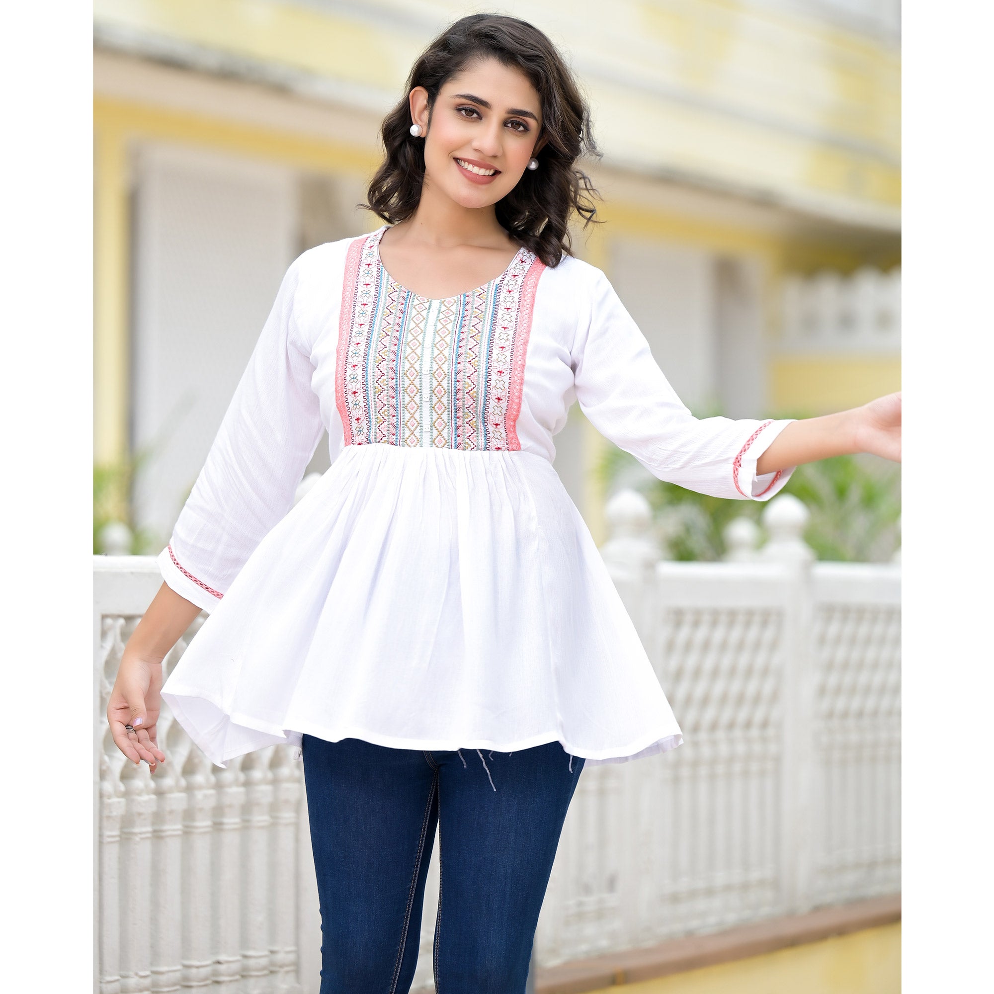 White Yoke Embroidered Rayon A-Line Top