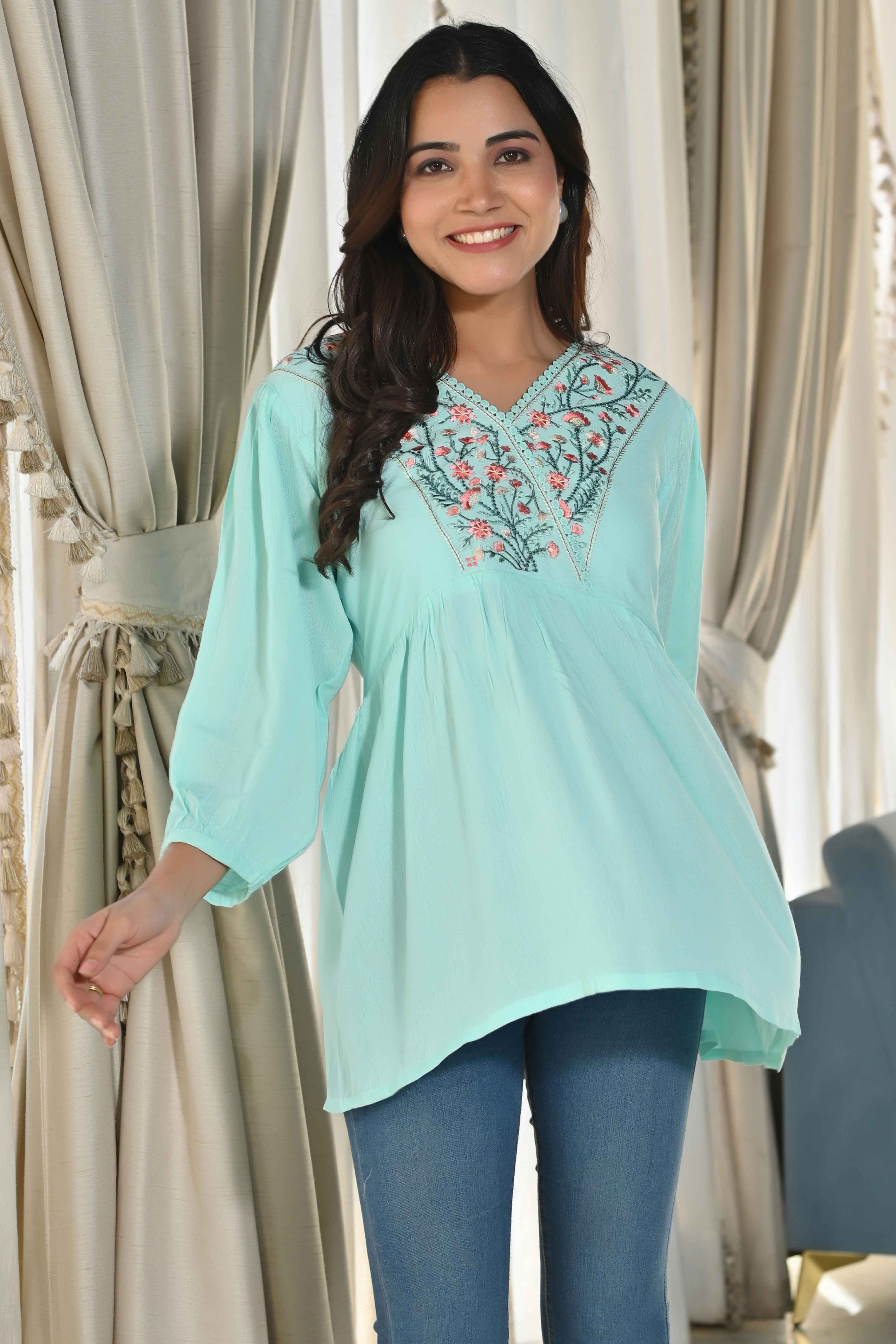 Sea Green Rayon Yoke Embroidered Rayon Rinkle Top