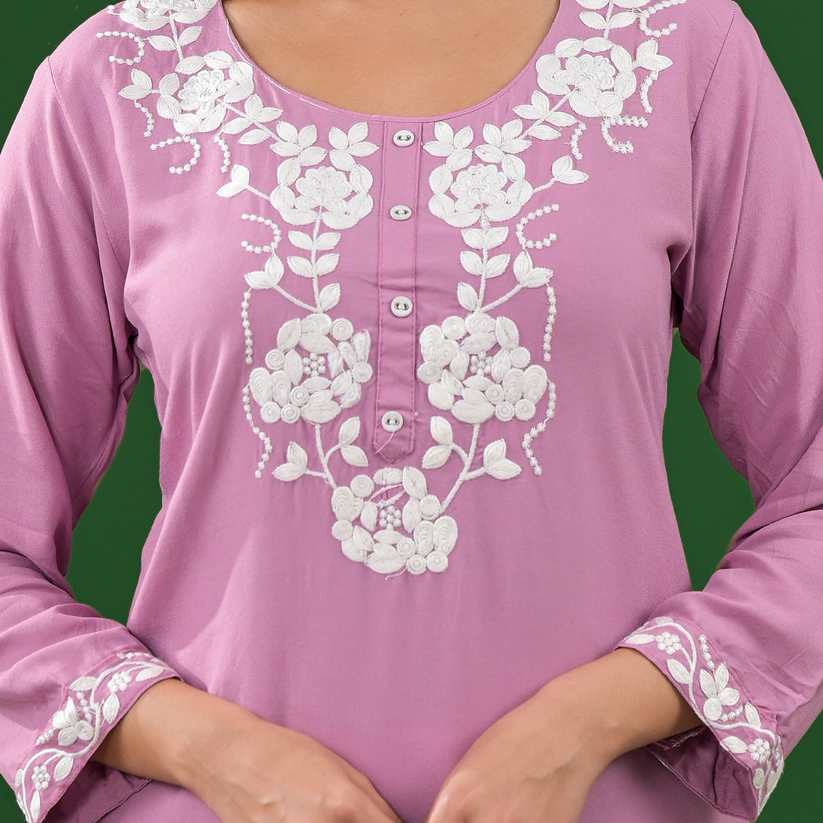 Pink Embroidered Rayon Straight Kurti