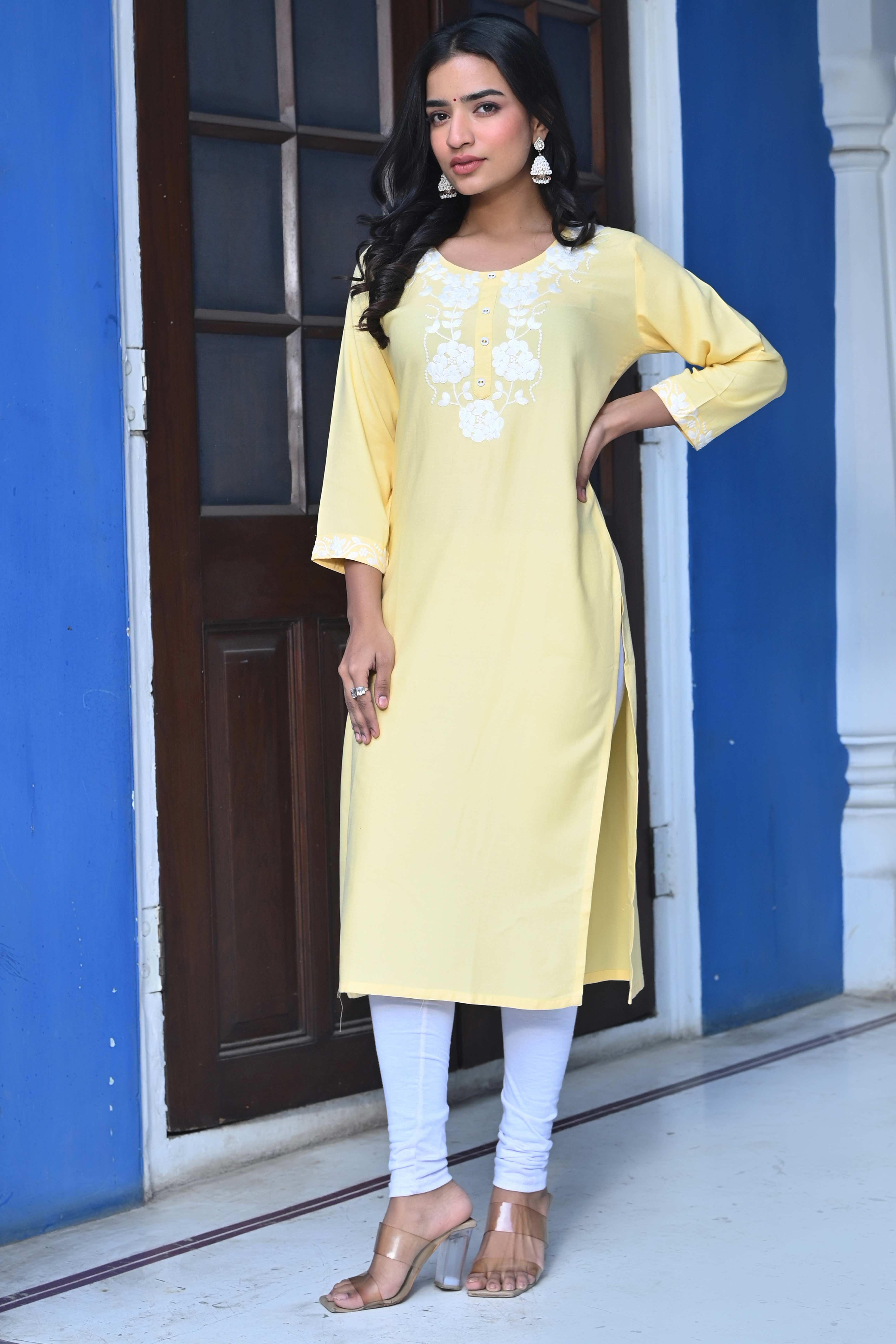 Yellow Embroidered Rayon Straight Kurti