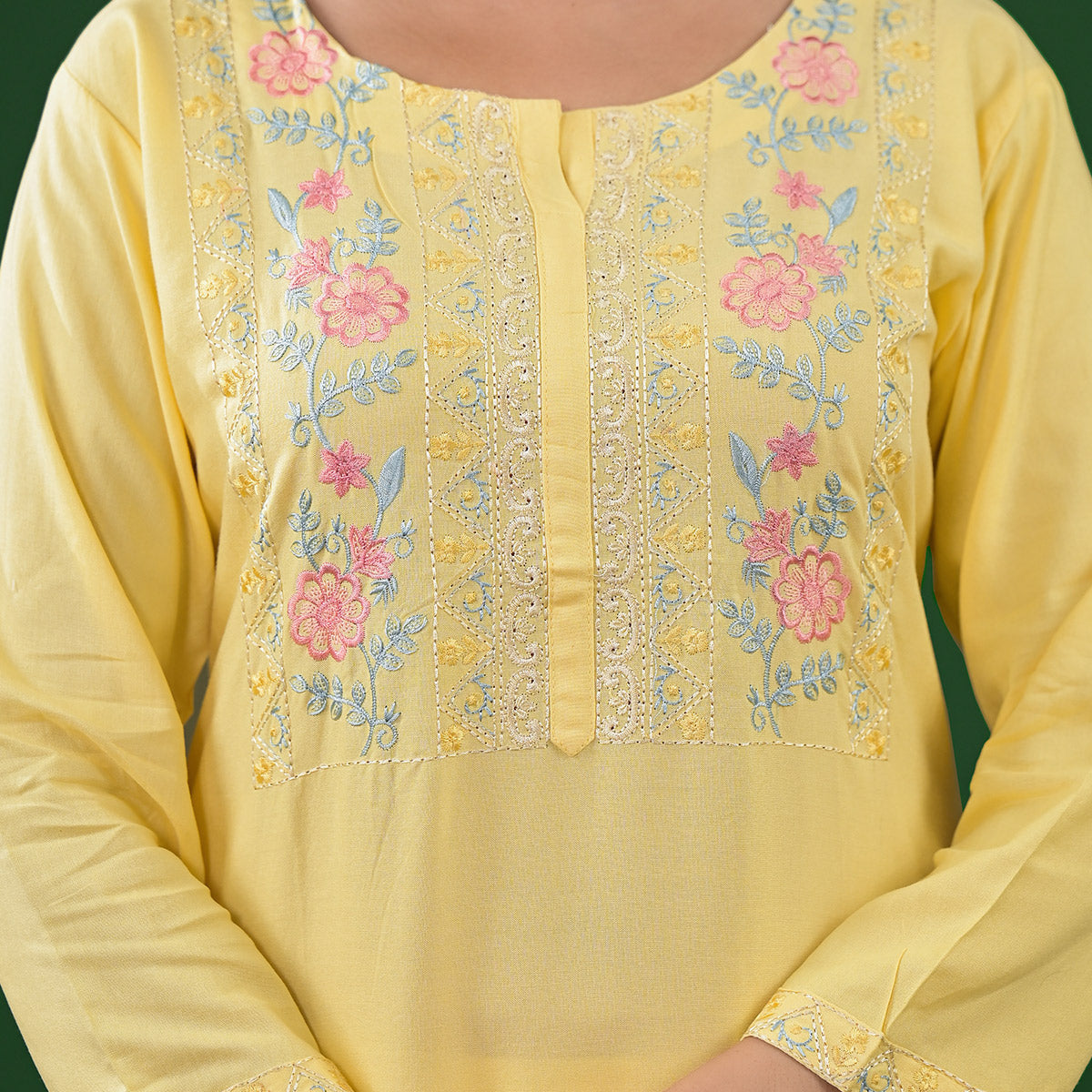 Yellow Embroidered Rayon Straight Kurti