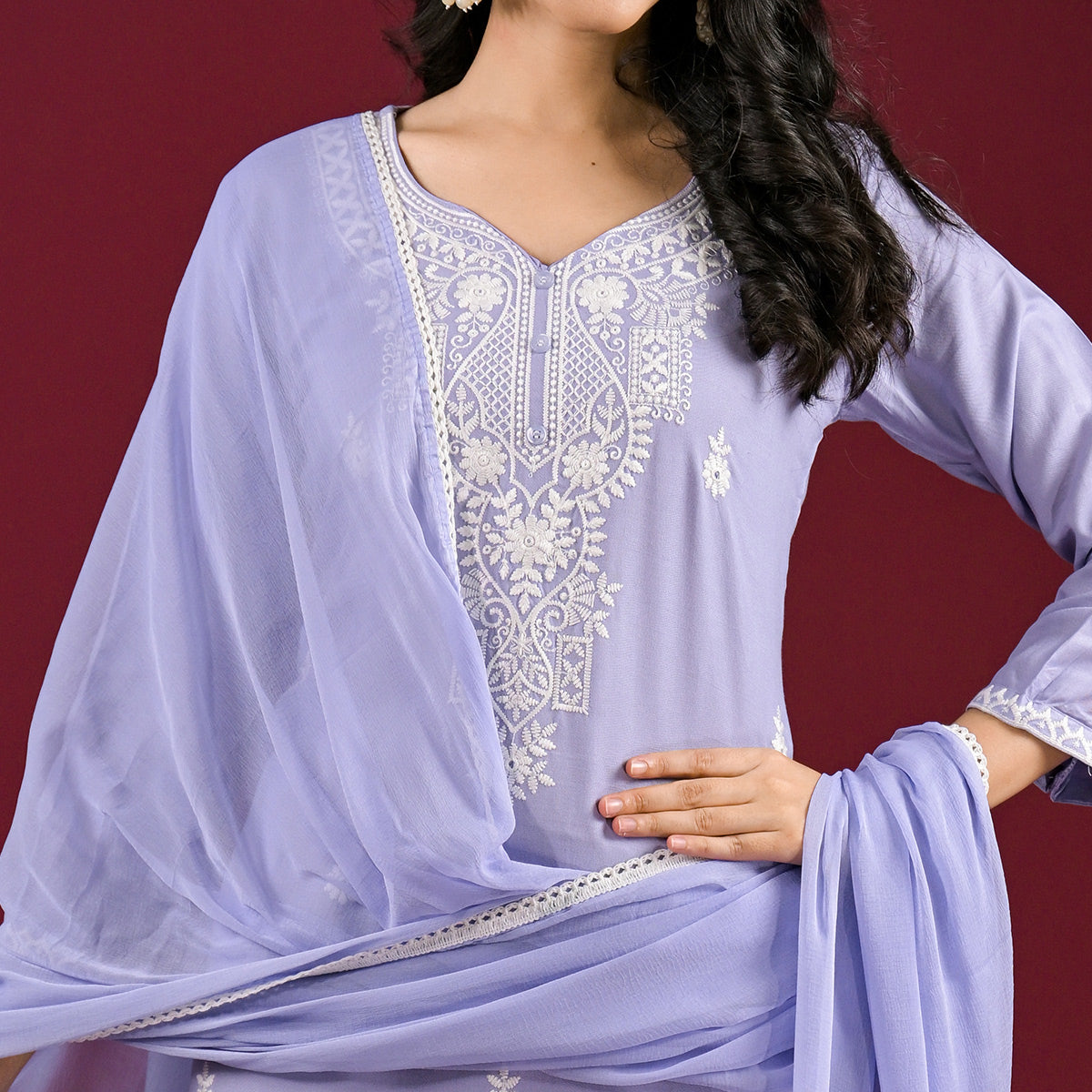 Bluish Lavender Floral Embroidered Rayon Salwar Suit