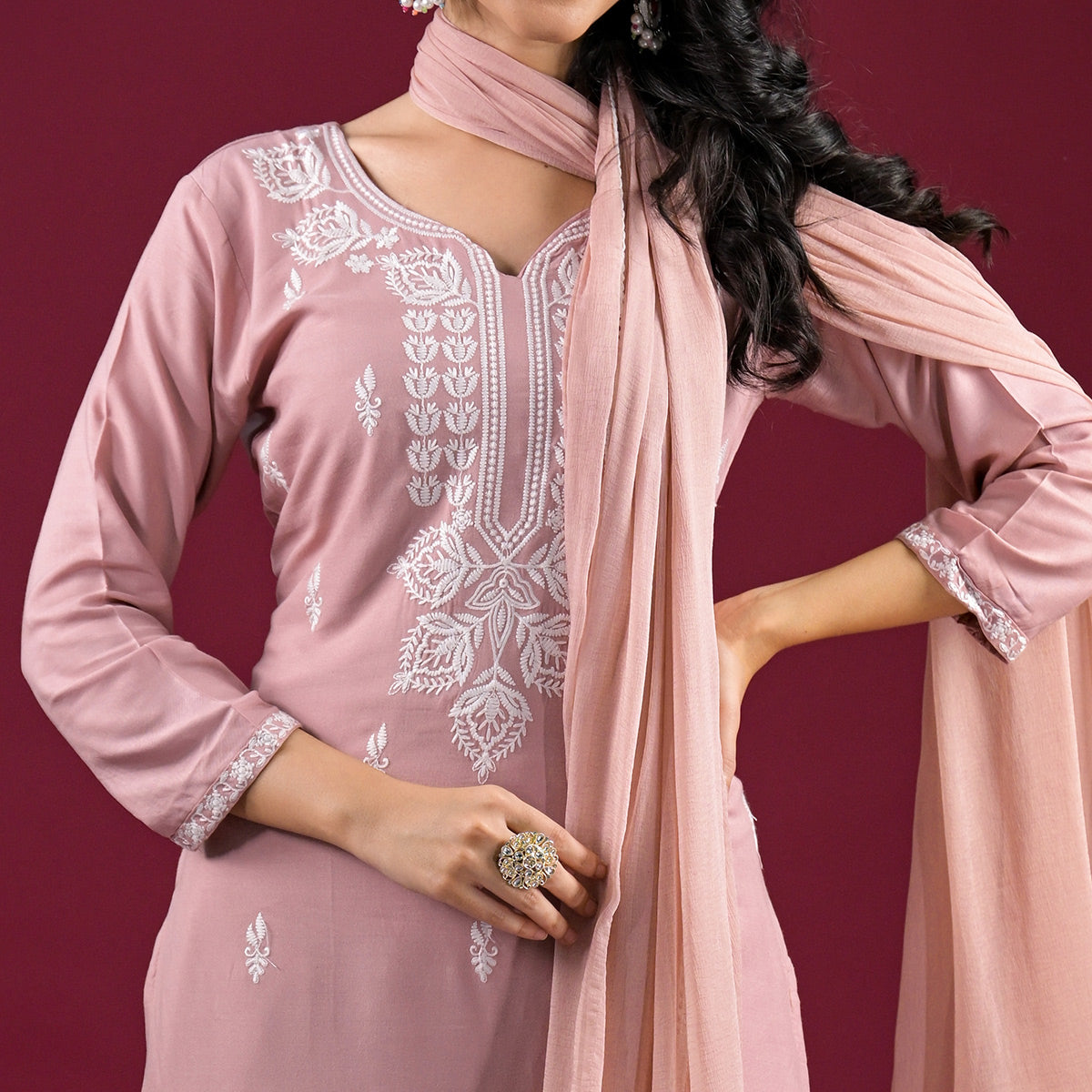 Mauve Floral Embroidered Rayon Salwar Suit