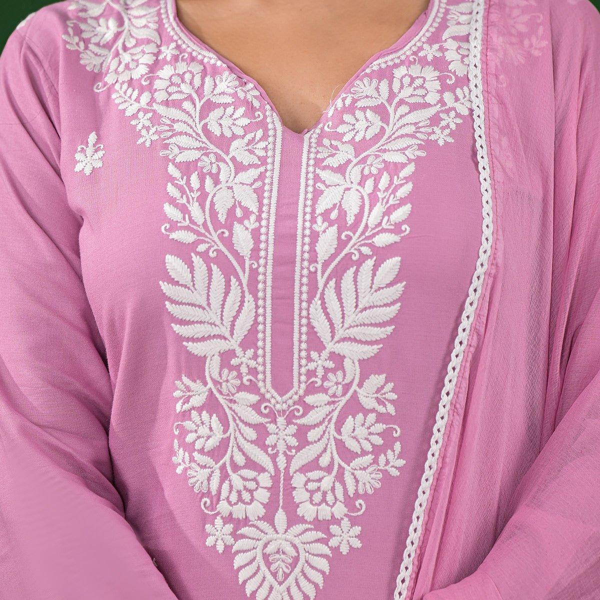 Pink Floral Embroidered Rayon Salwar Suit