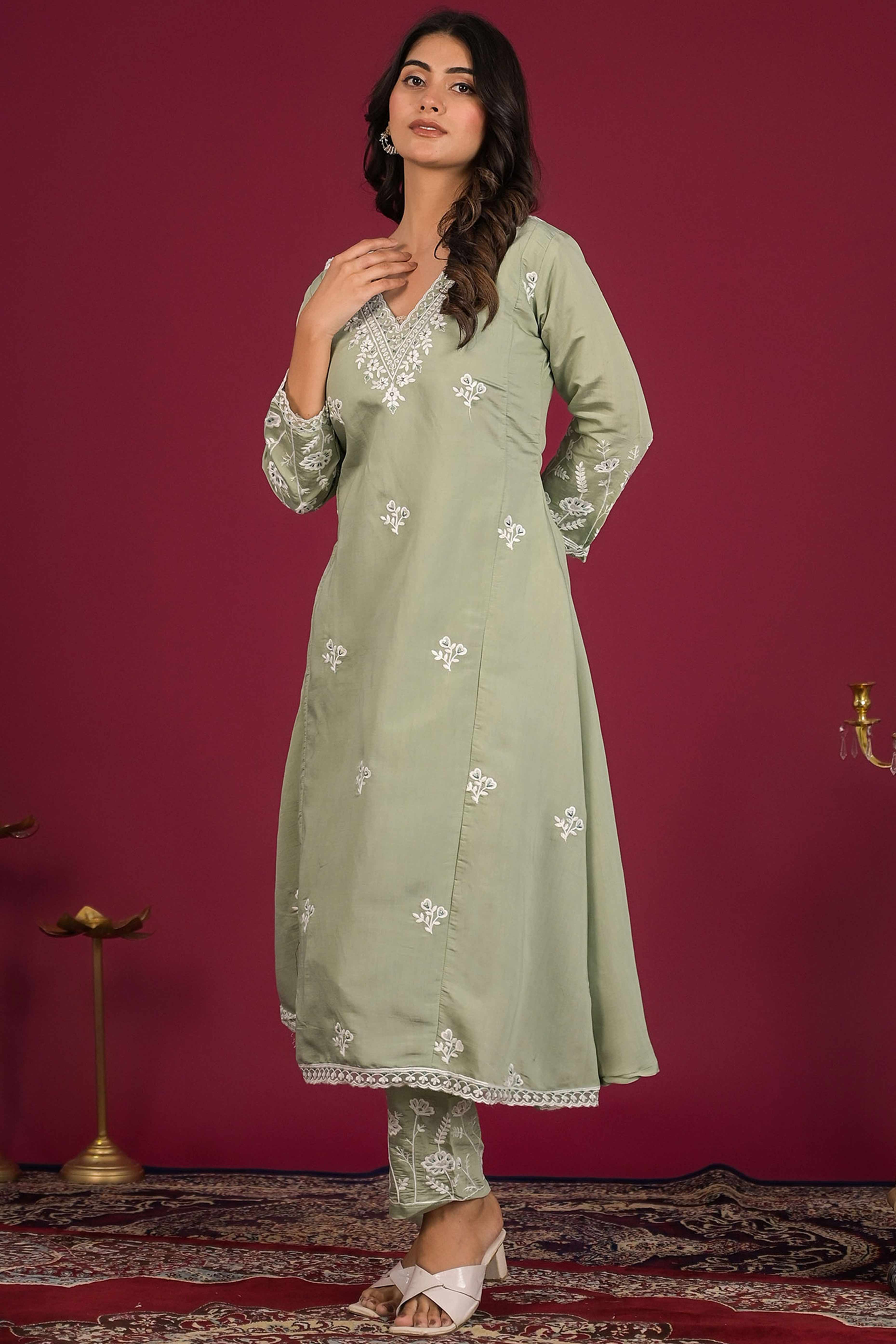 Sea Green Floral Embroidered Chanderi Top Bottom Set