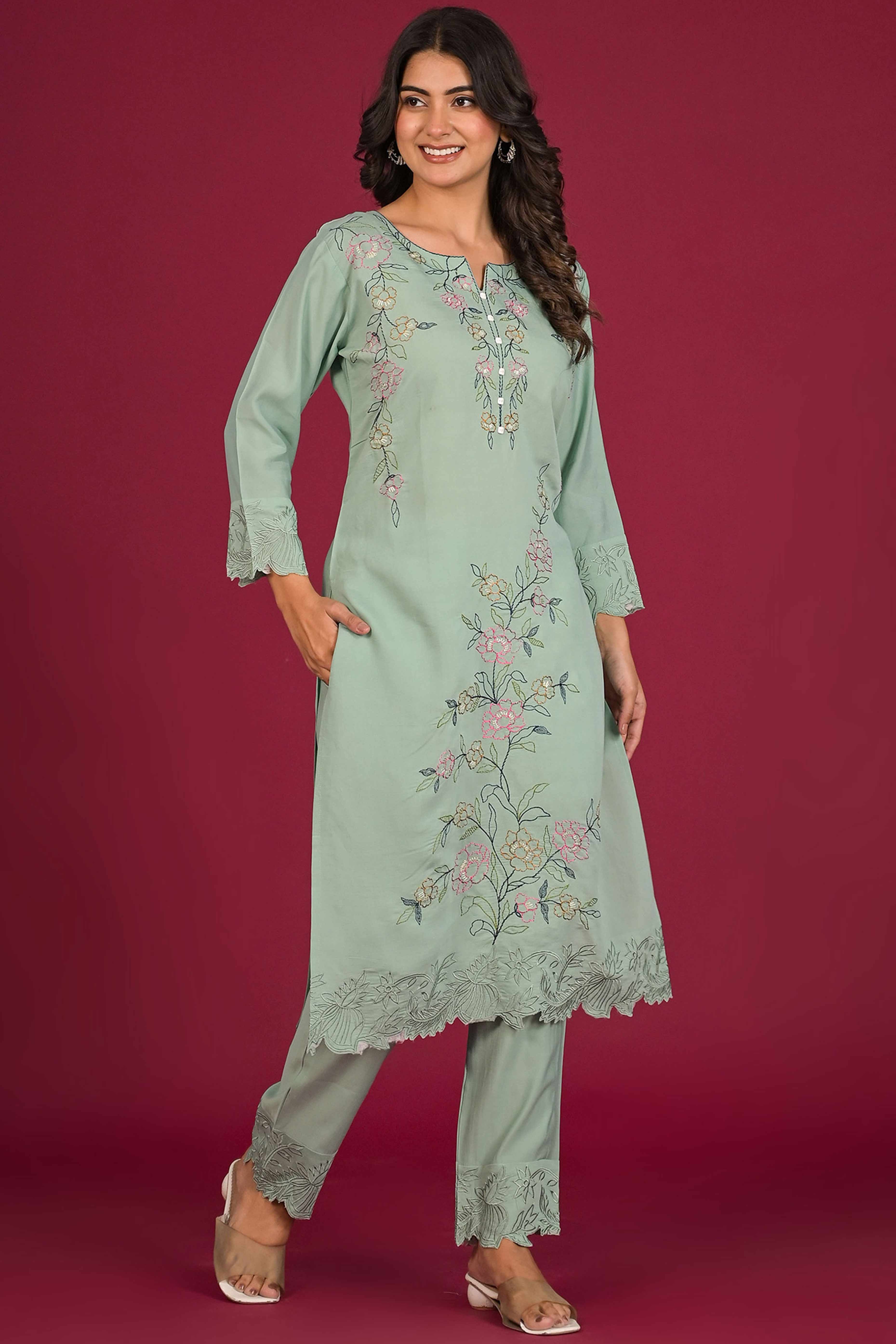 Pista Green Floral Embroidered Chanderi Top Bottom Set
