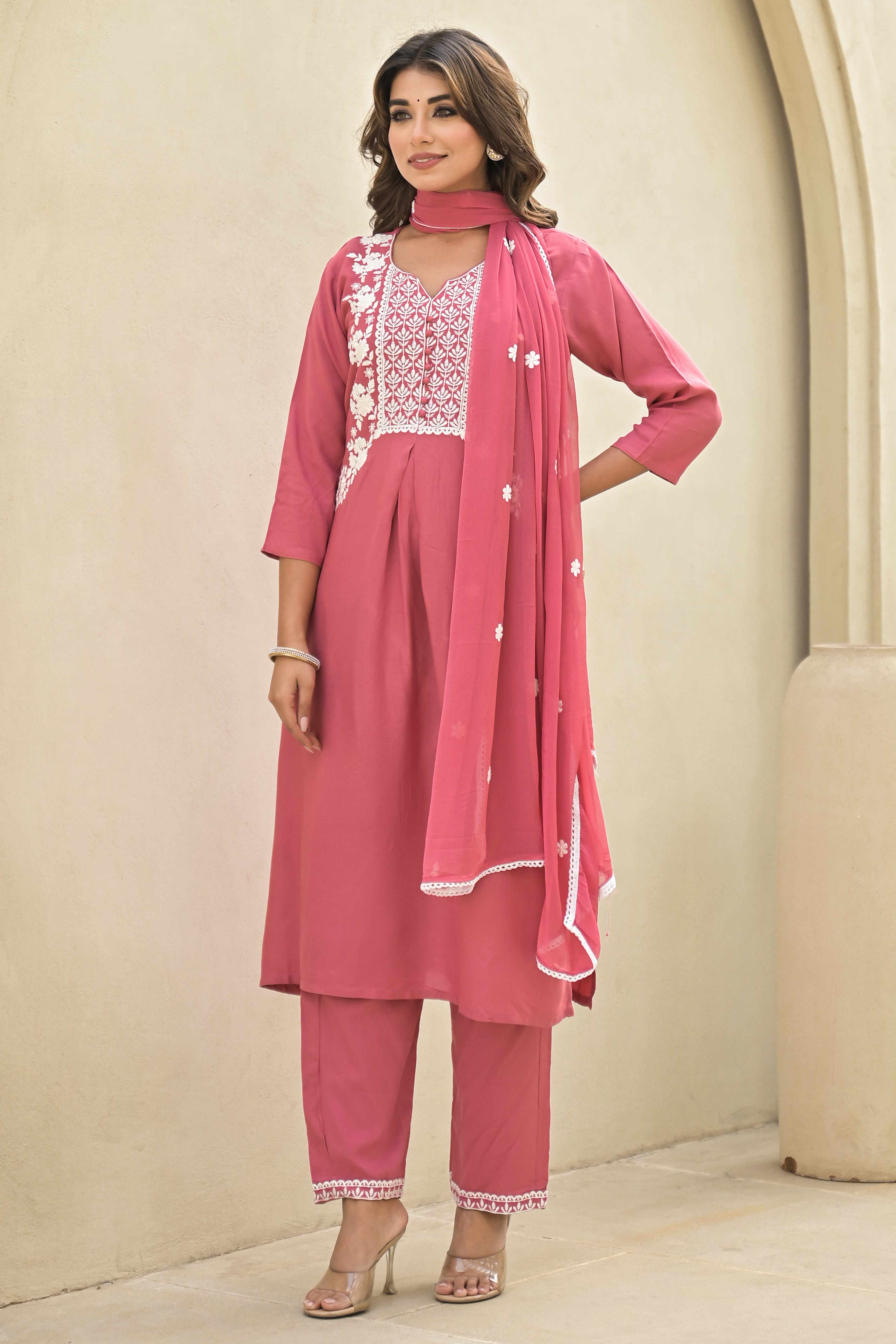 Gajri Pink Floral Embroidered Rayon Salwar Suit