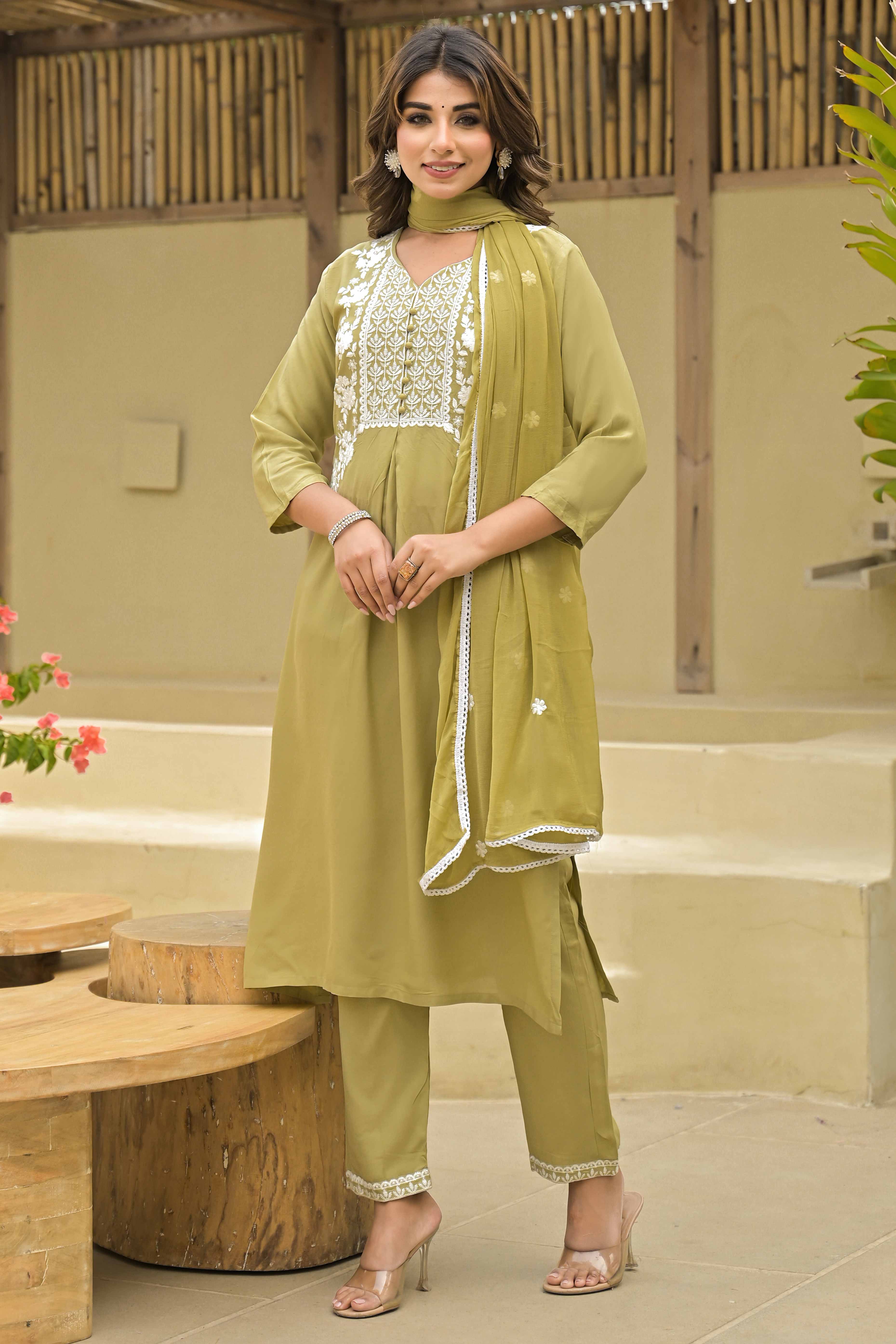 Light Chikoo Floral Embroidered Rayon Salwar Suit