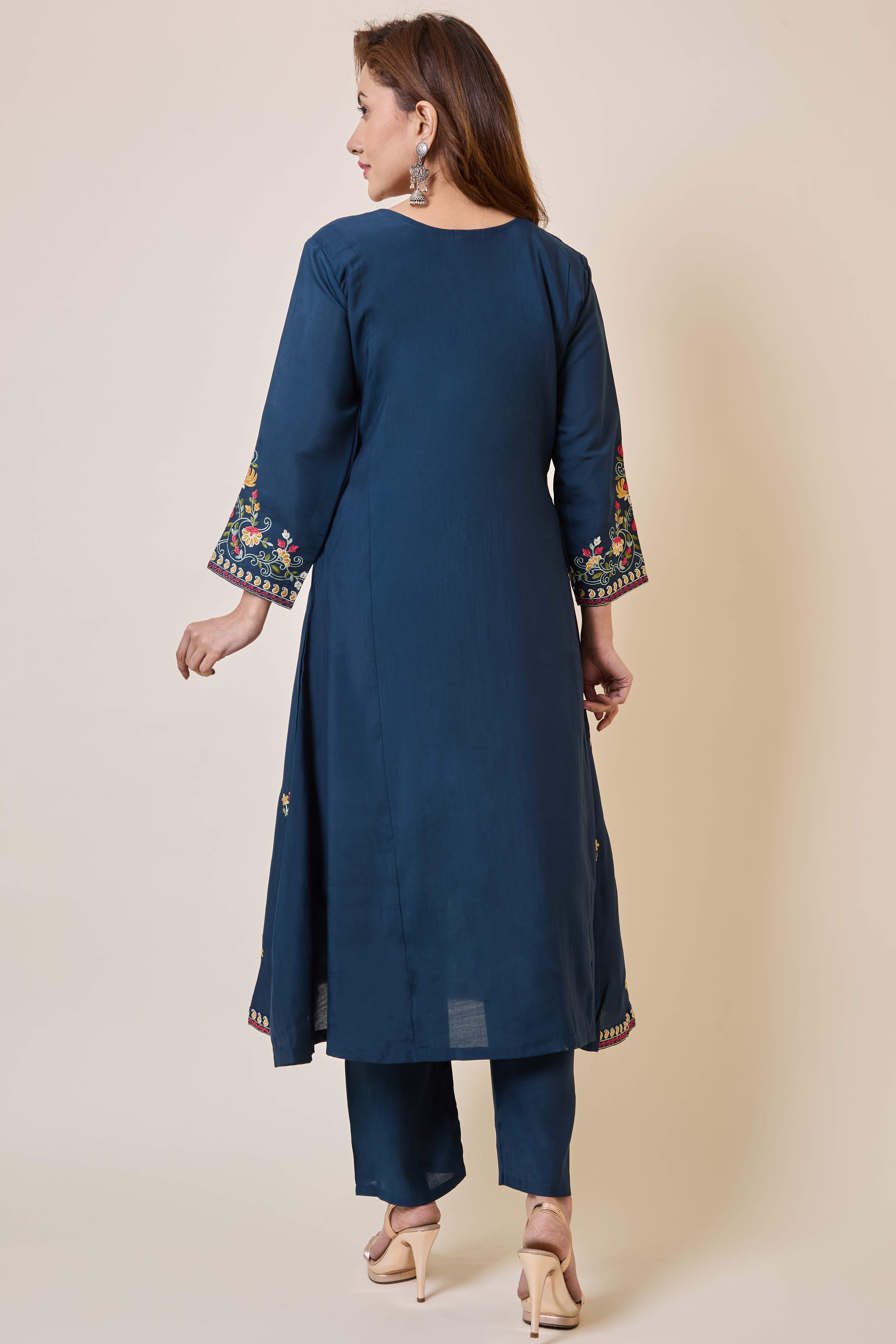 Prussian Blue Floral Hand Work Embroidered Chanderi Salwar Suit