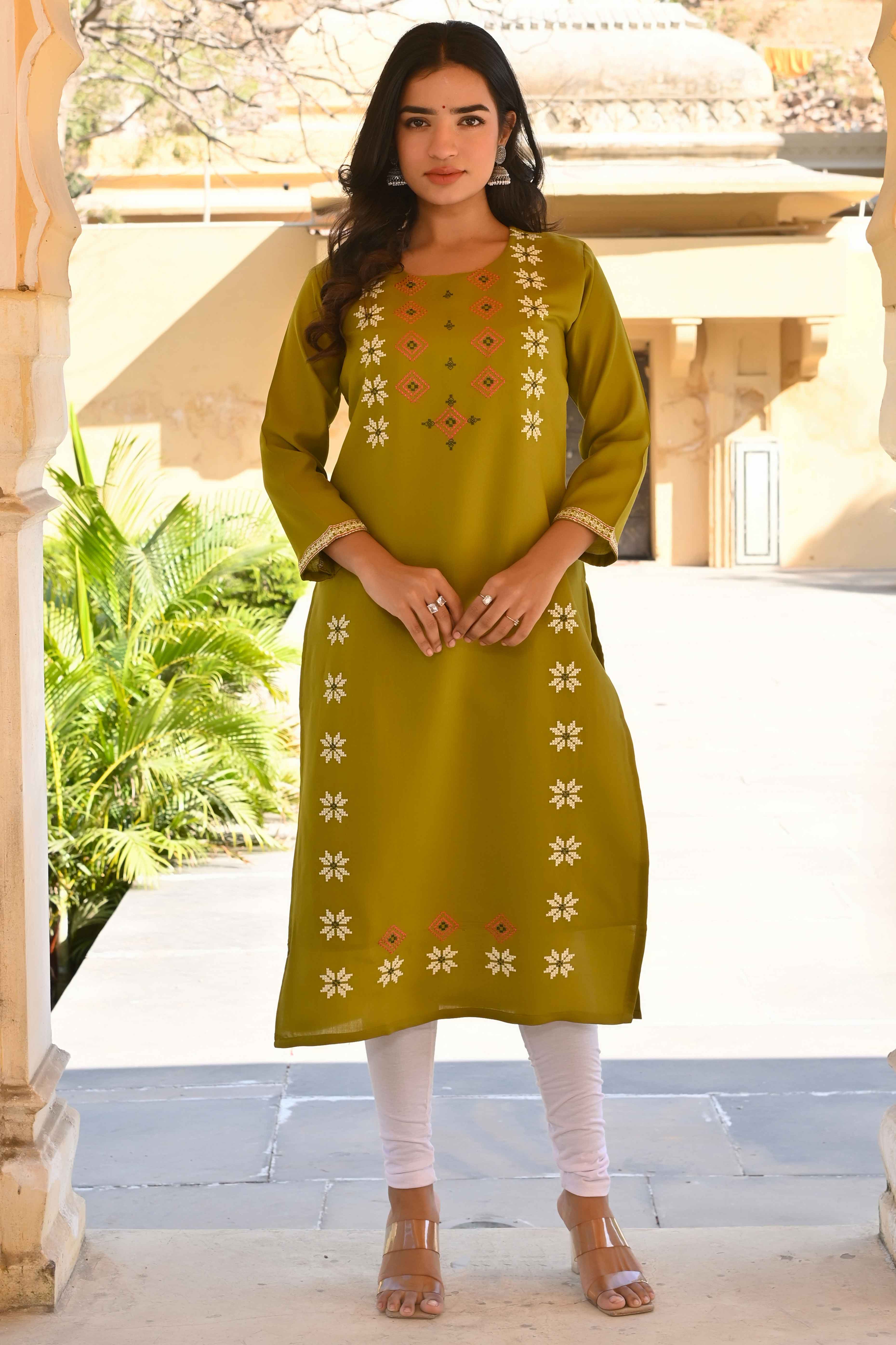 Olive Floral Embroidered Viscose Straight Kurti