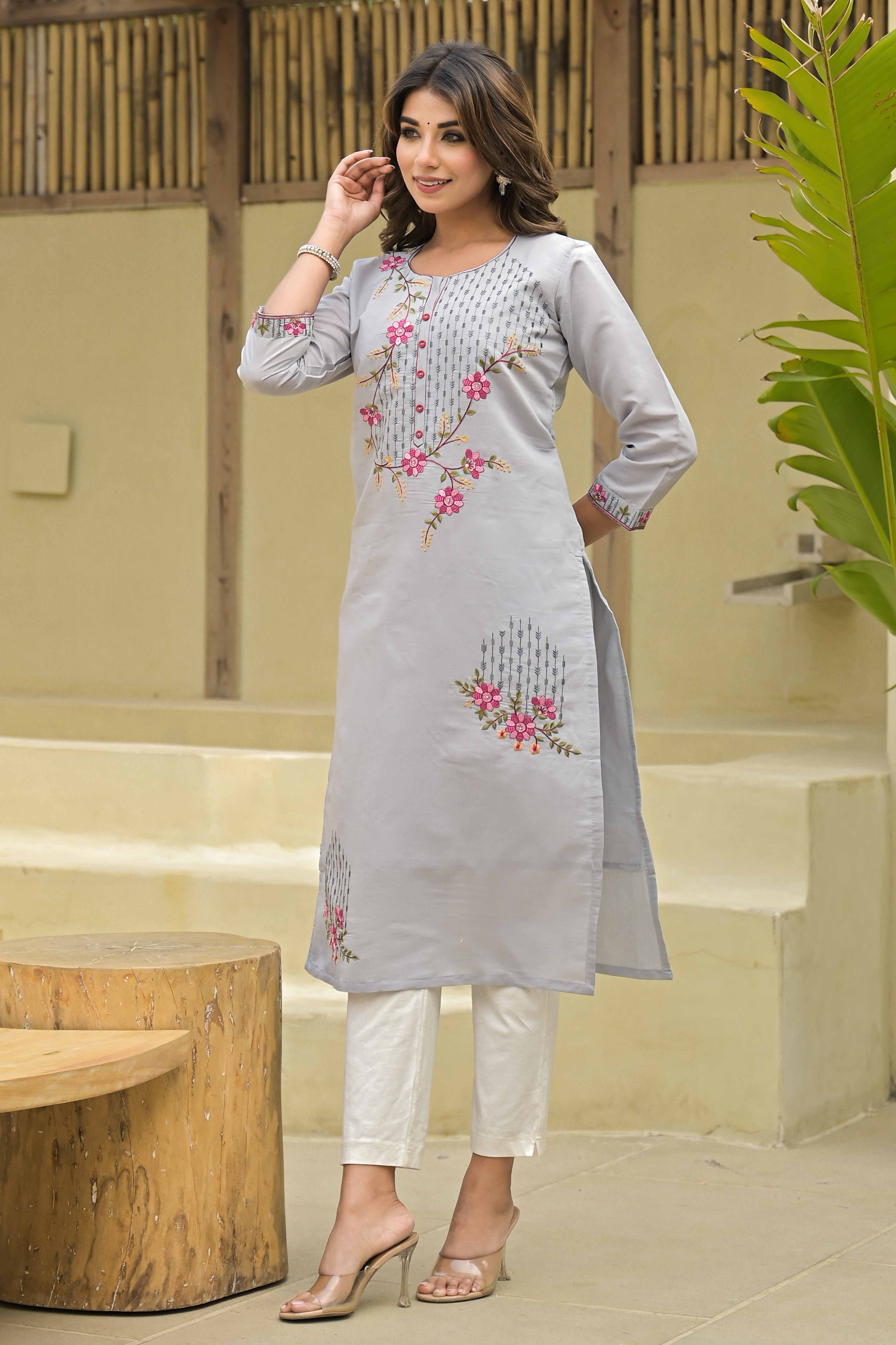 Grey Floral Embroidered Chanderi Straight Kurti With Handwork