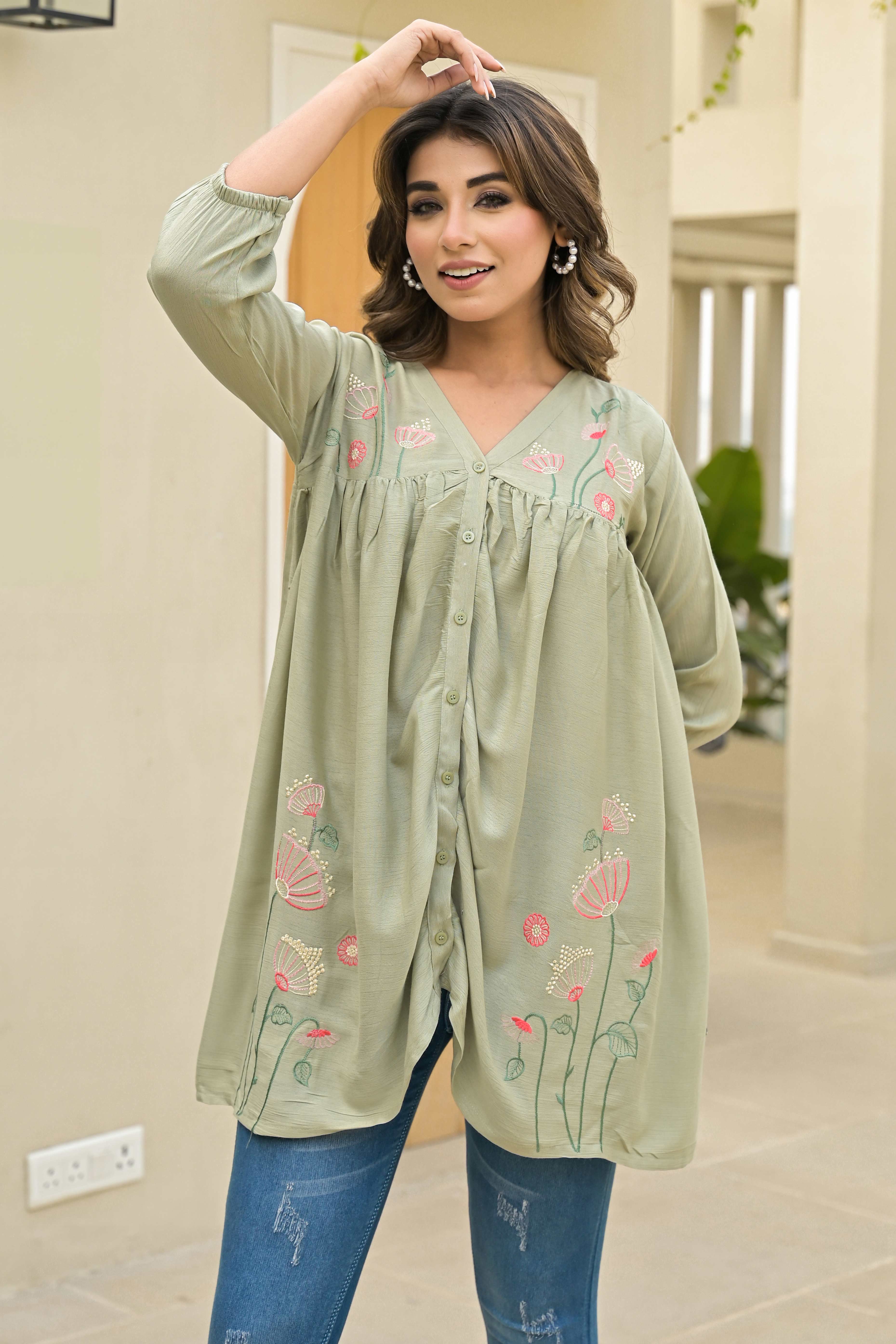 Sage Green Floral Embroidered Viscose Top