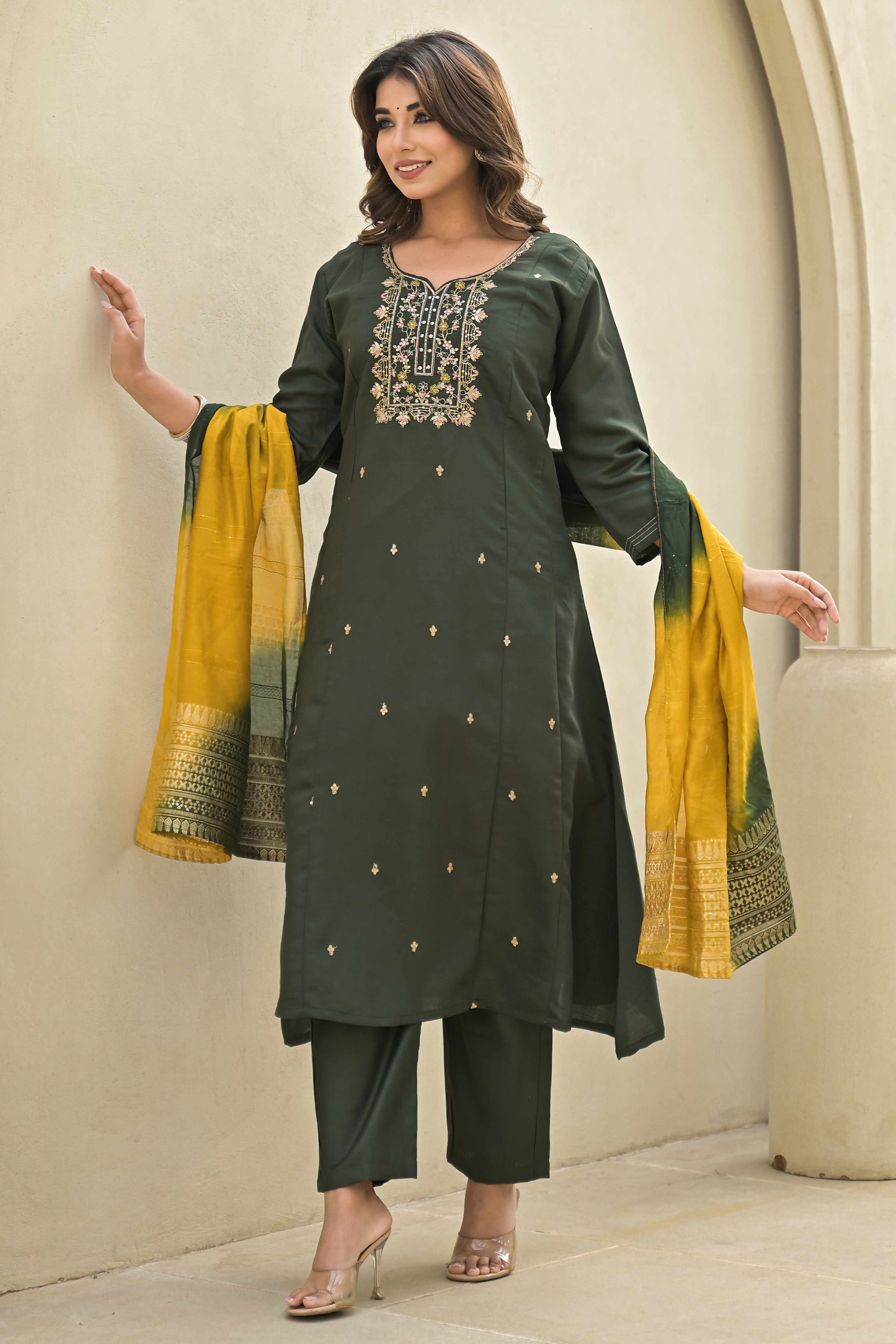 Mehandi Green Floral Embroidered Viscose A-Line Salwar Suit