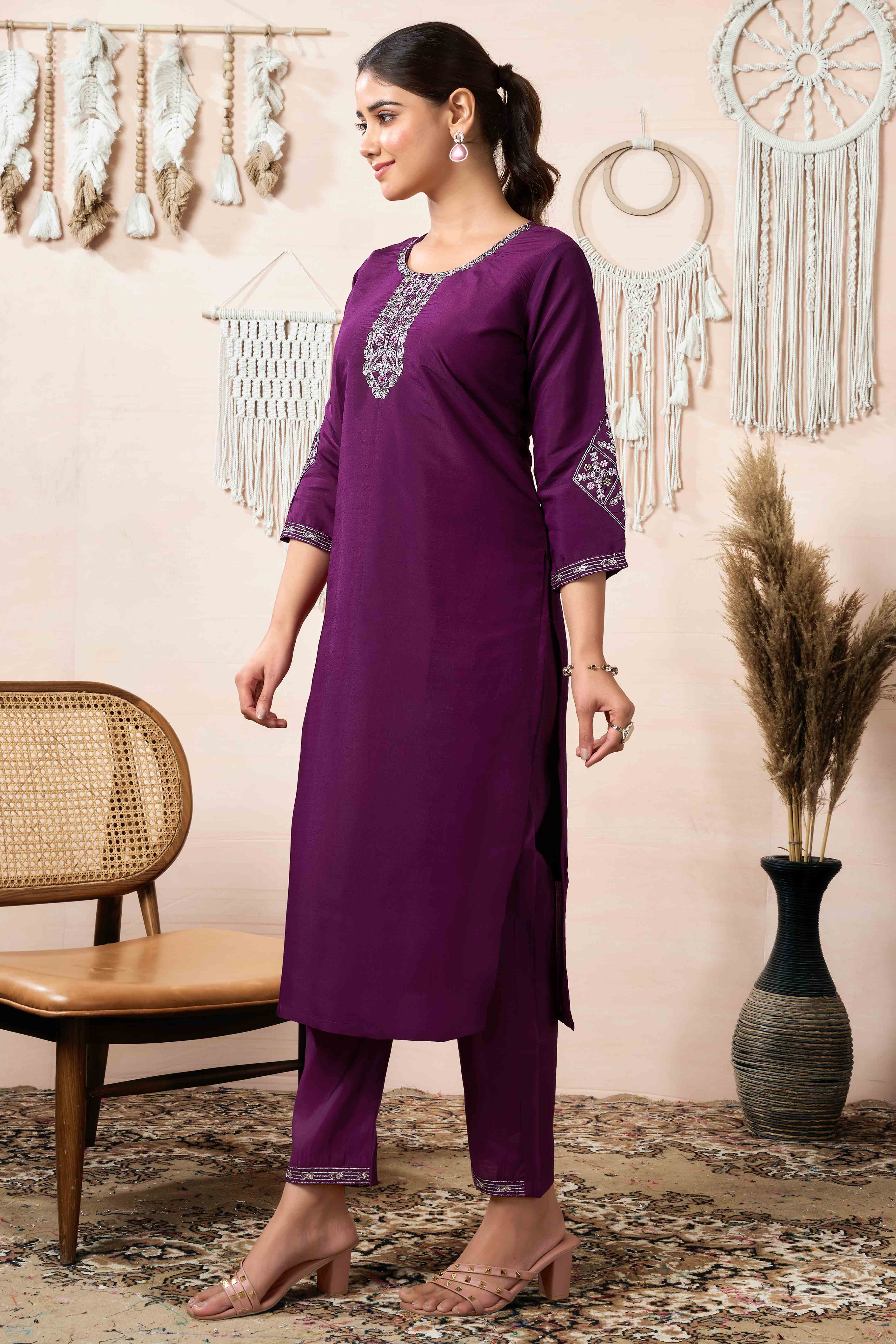 Wine Neck Embroidered Viscose Straight Salwar Suit
