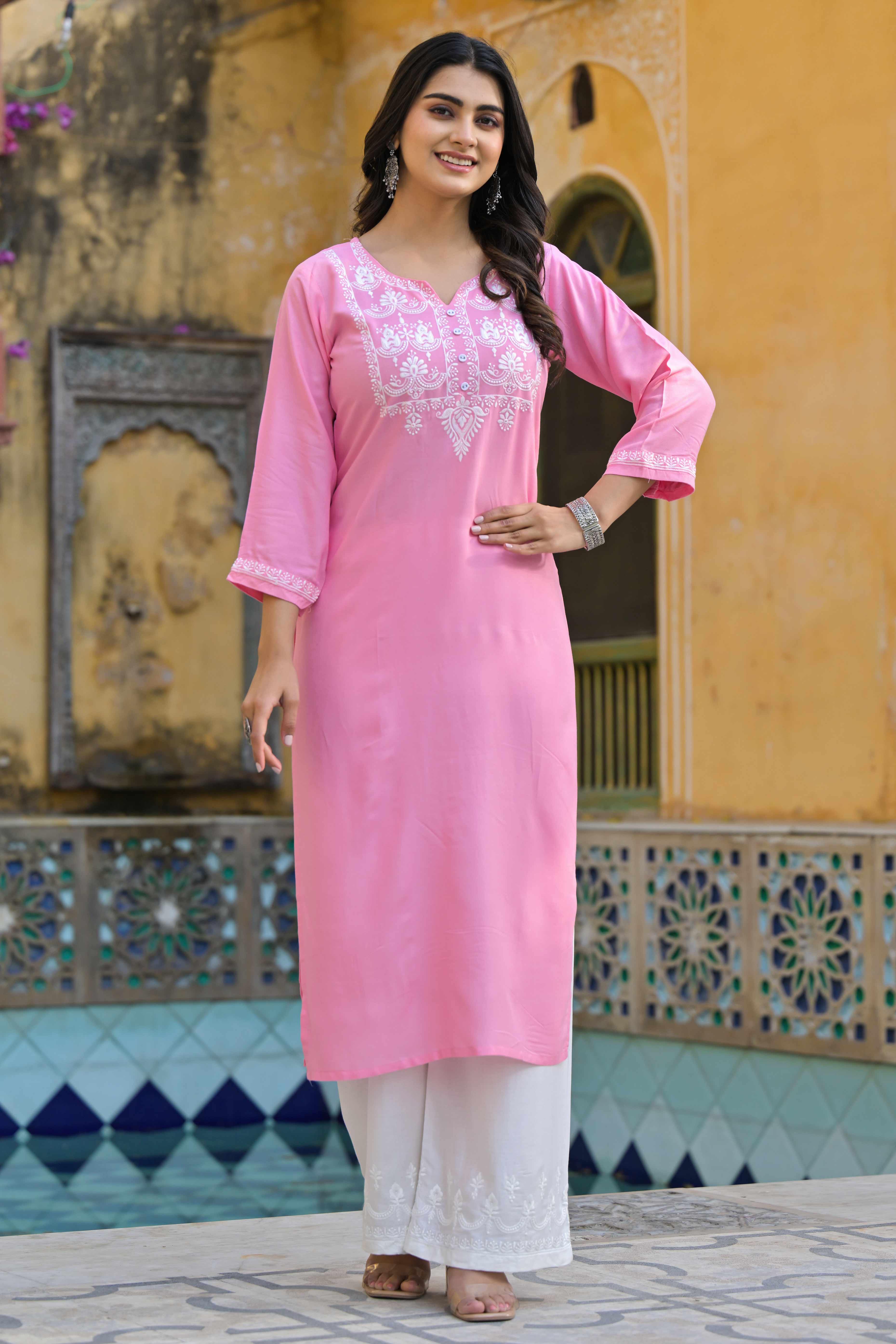 Pink Floral Embroidered Viscose Rayon Straight Top Bottom Set