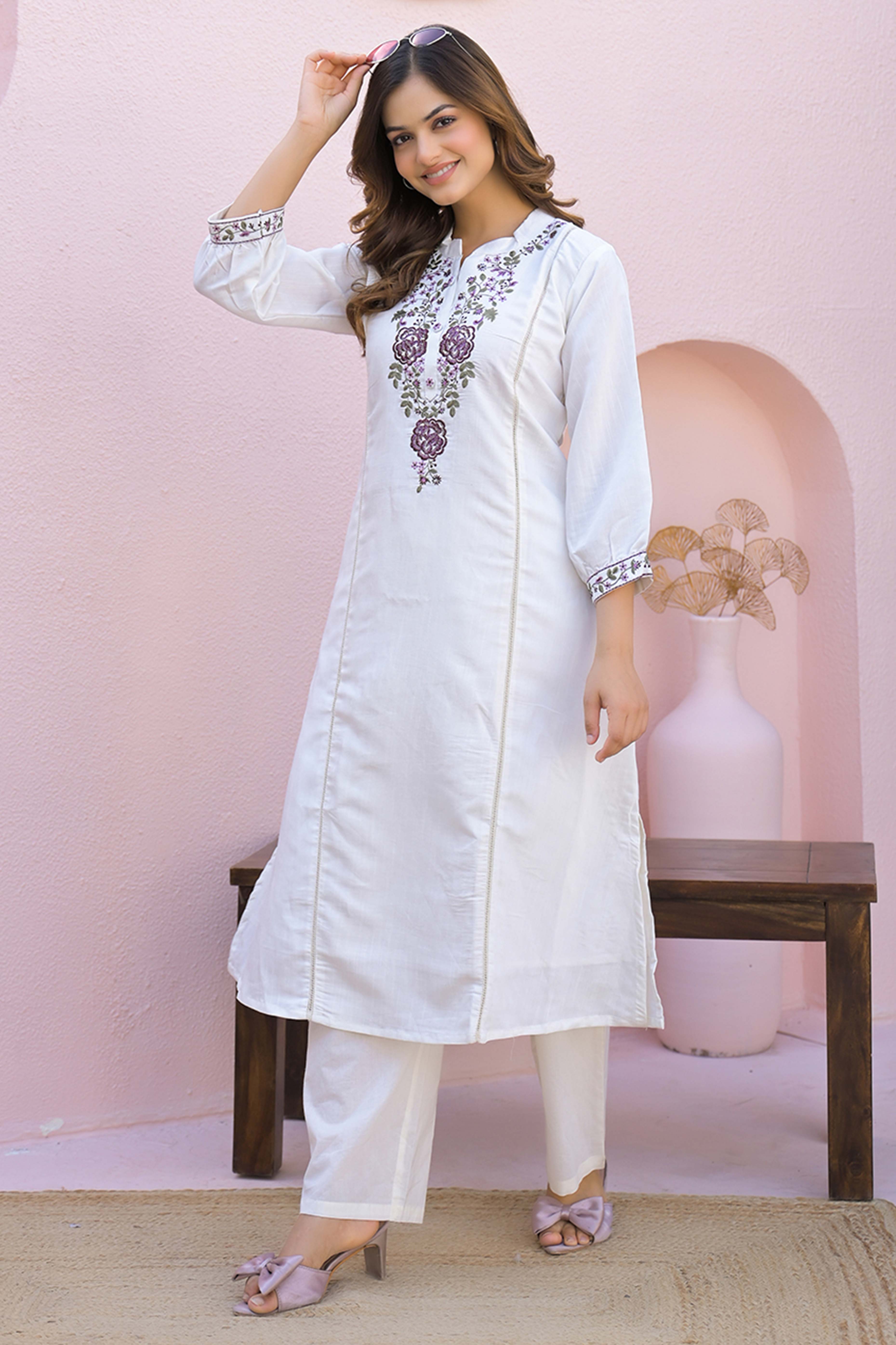 White Viscose Mango Silk A-Line Kurti with Floral Embroidery On Neck