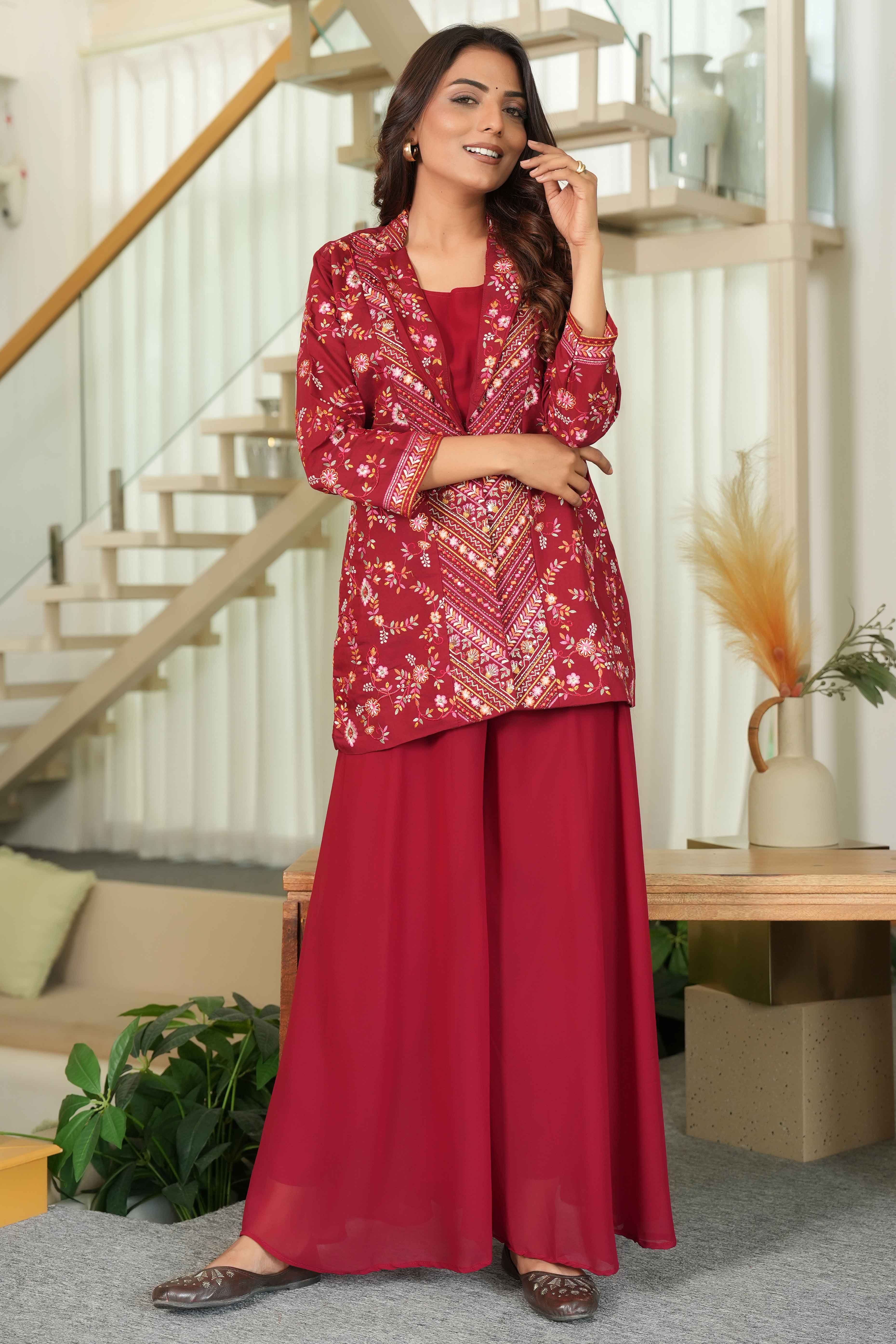Maroon Solid Co-Ord Ensemble in Chanderi Silk with Heavily Embroidered Coat