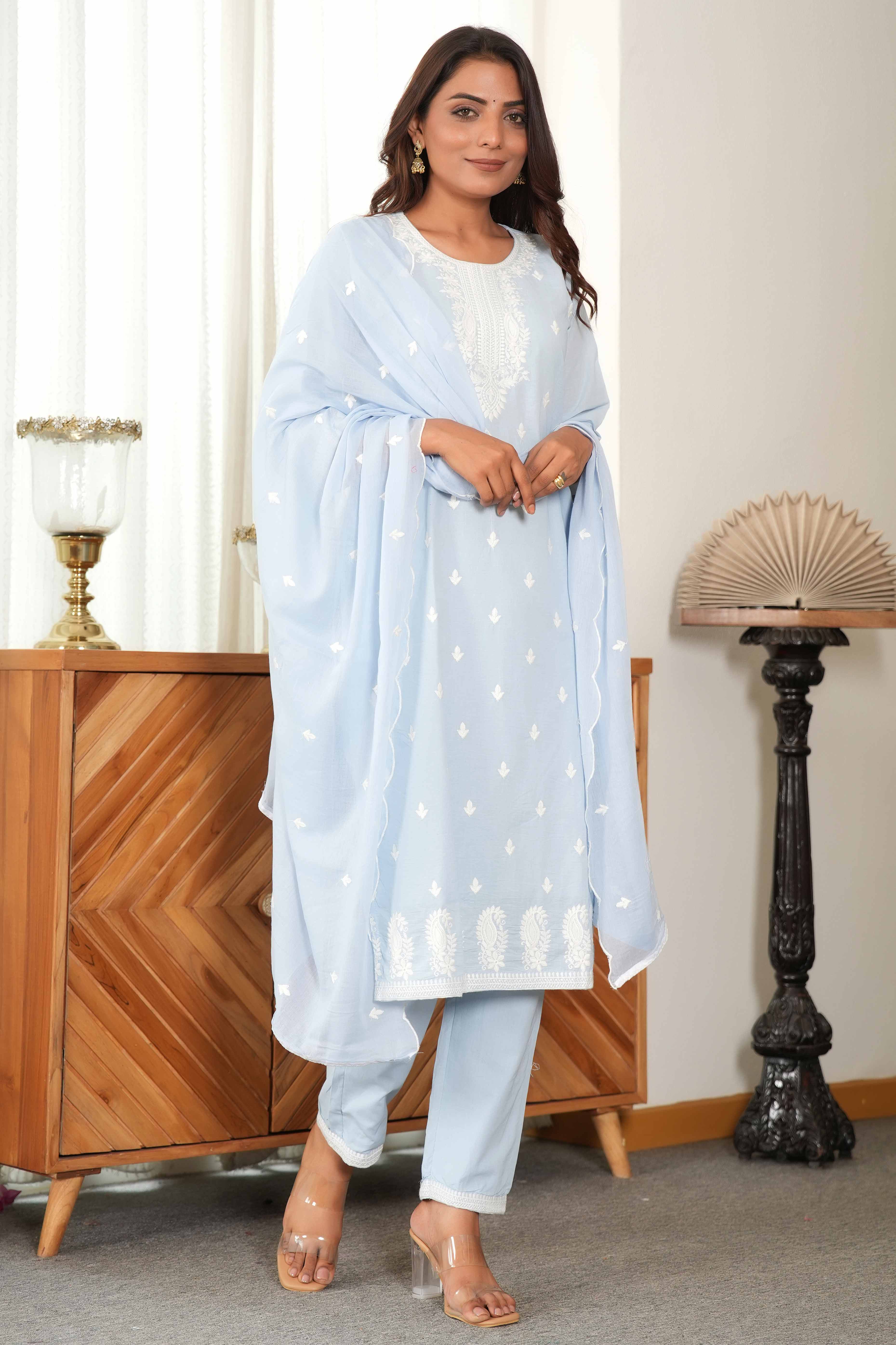 Powder Blue Cotton Suit Set Featuring Exquisite Motif Stitch Work