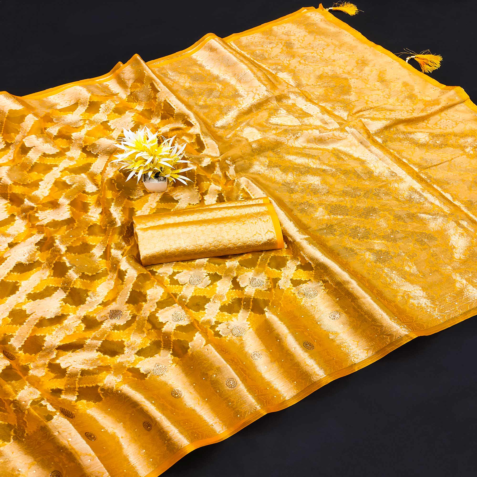 Mustard Stone Work Woven Organza Jacquard Saree