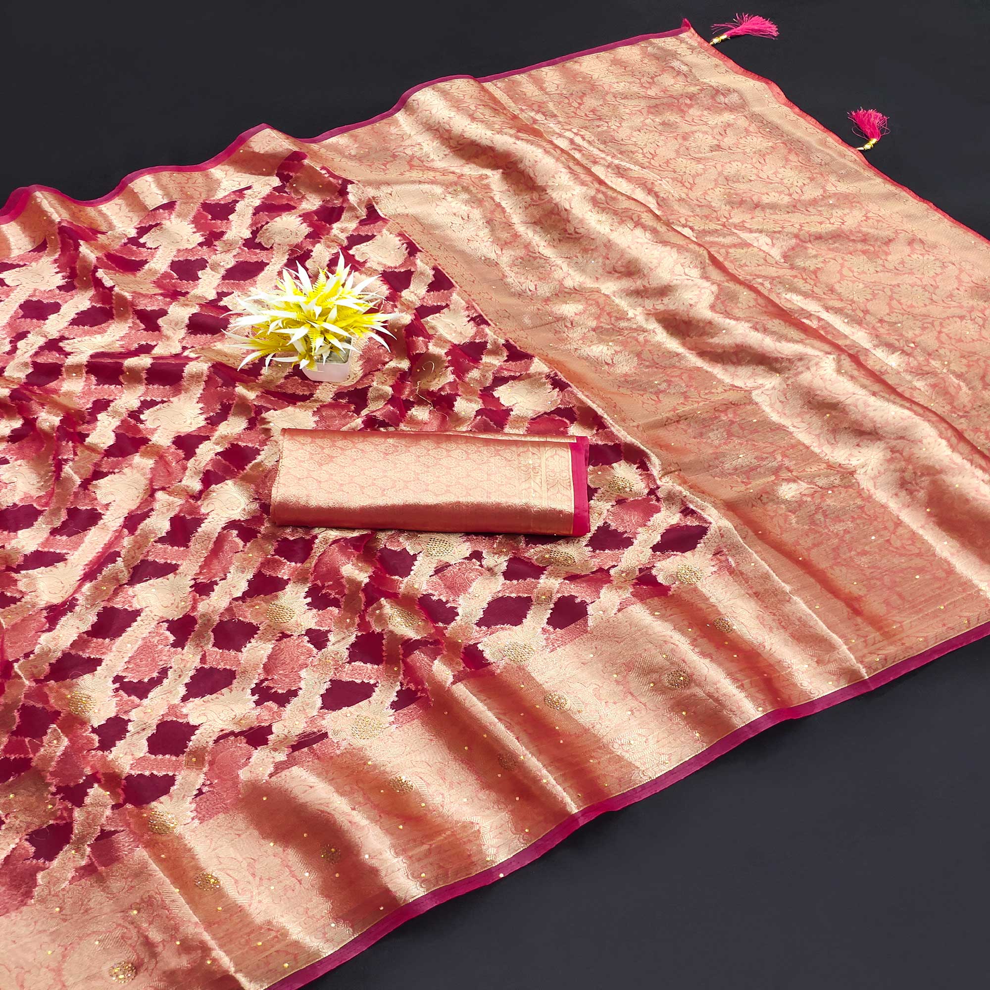 Pink Stone Work Woven Organza Jacquard Saree