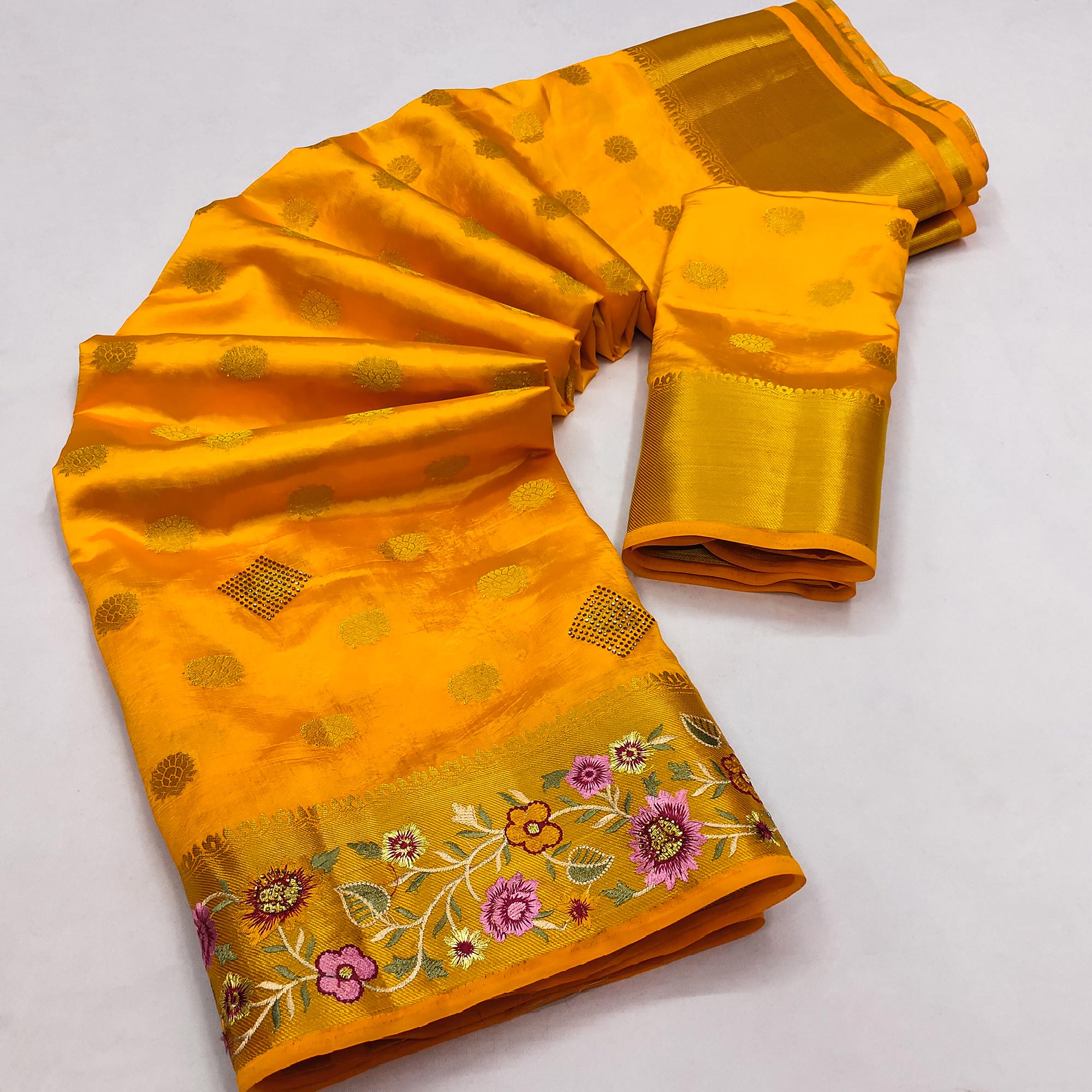 Yellow Zari Woven Jacquard Saree With Embroidery Border