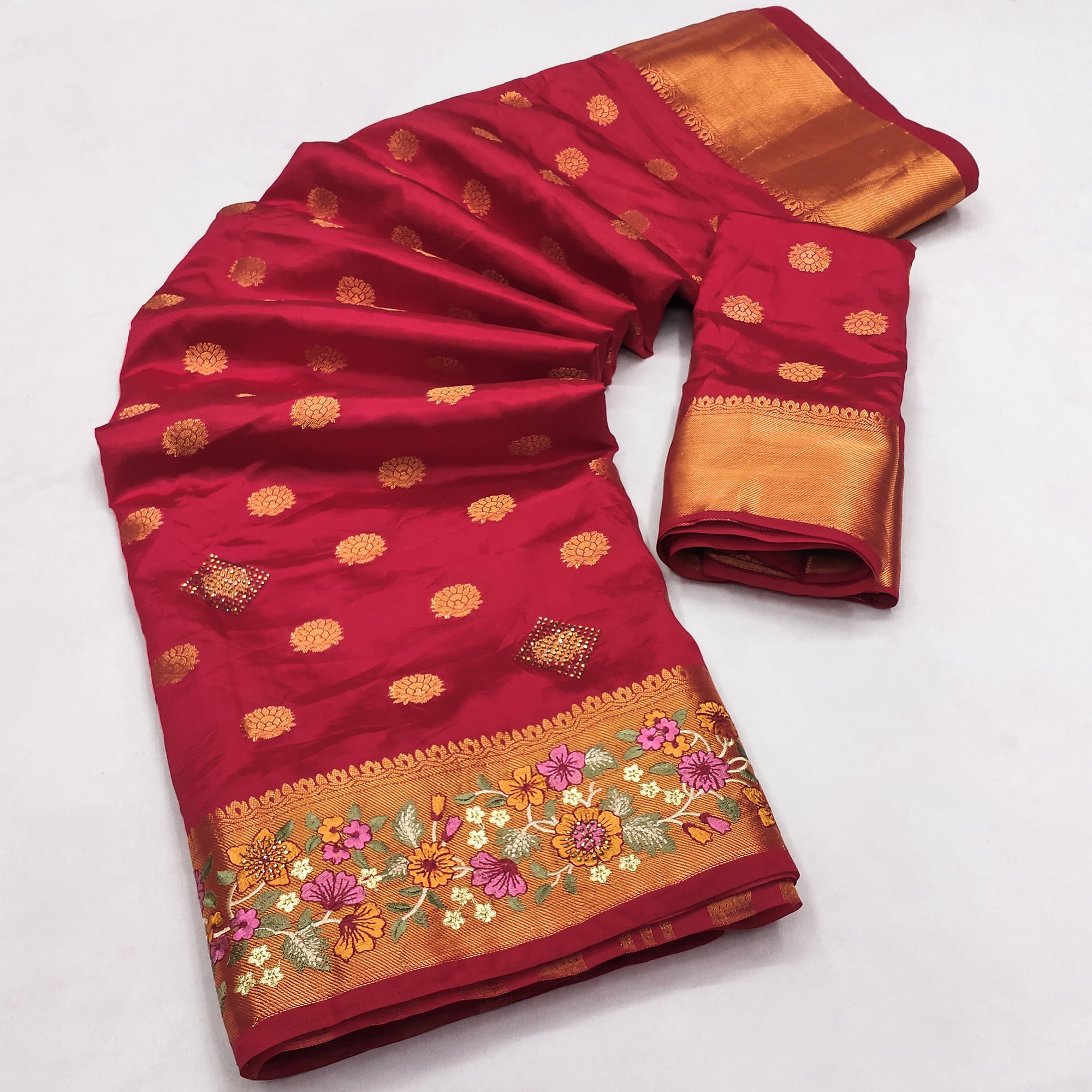 Red Zari Woven Jacquard Saree With Embroidery Border