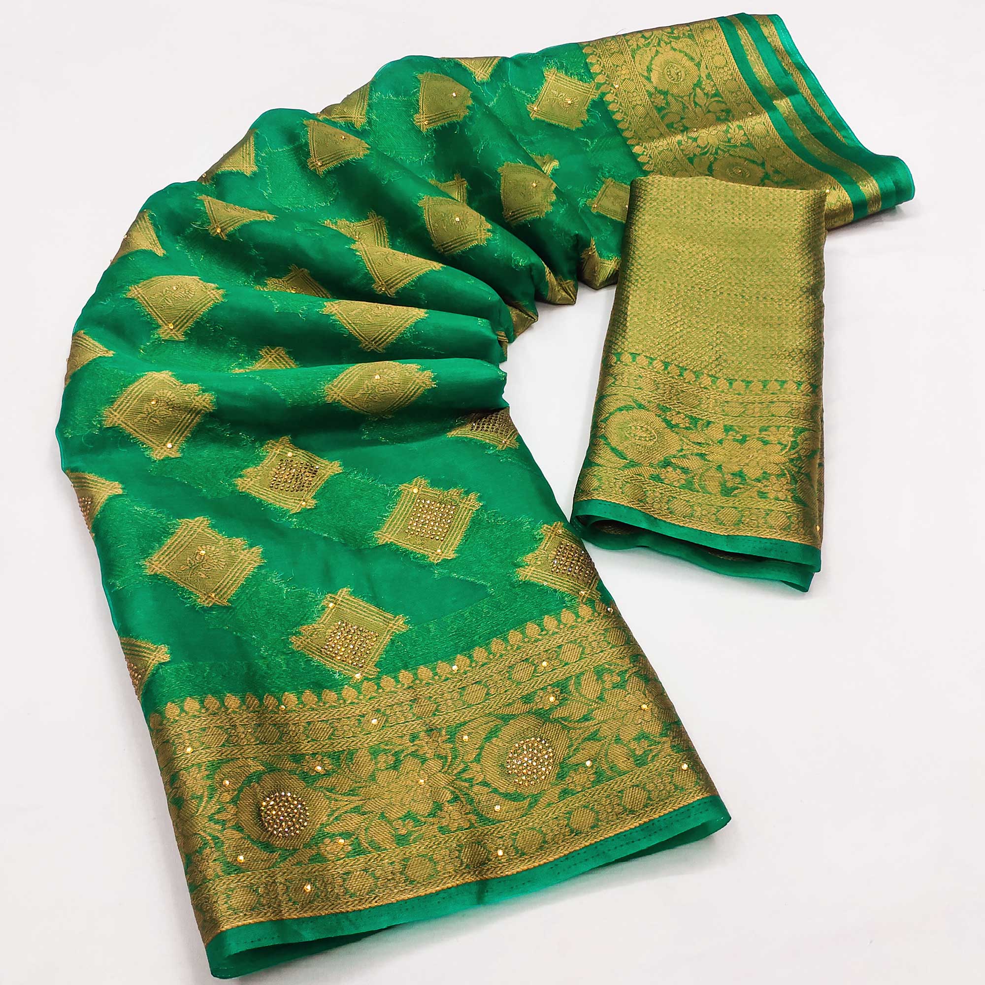 Green Woven With Stonework Organza Jacquard Saree