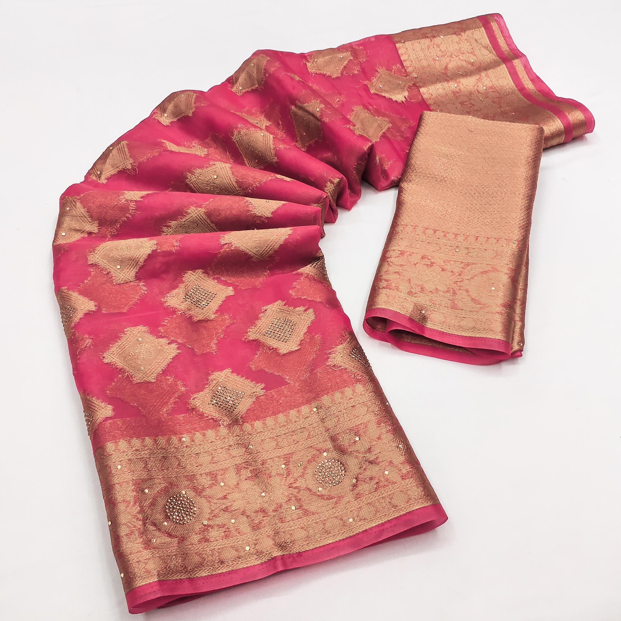 Rani Pink Woven With Stonework Organza Jacquard Saree