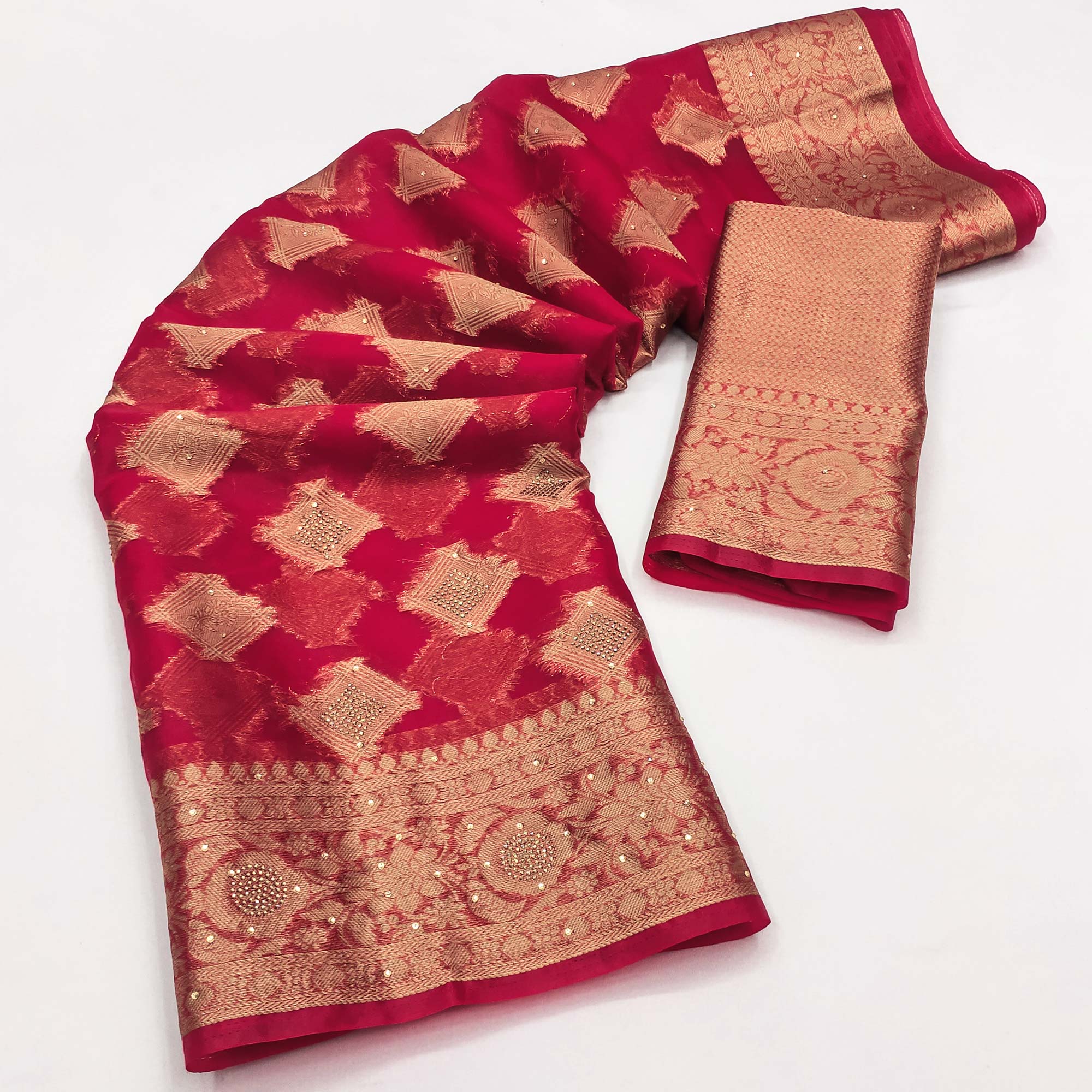 Cherry Red Woven With Stonework Organza Jacquard Saree