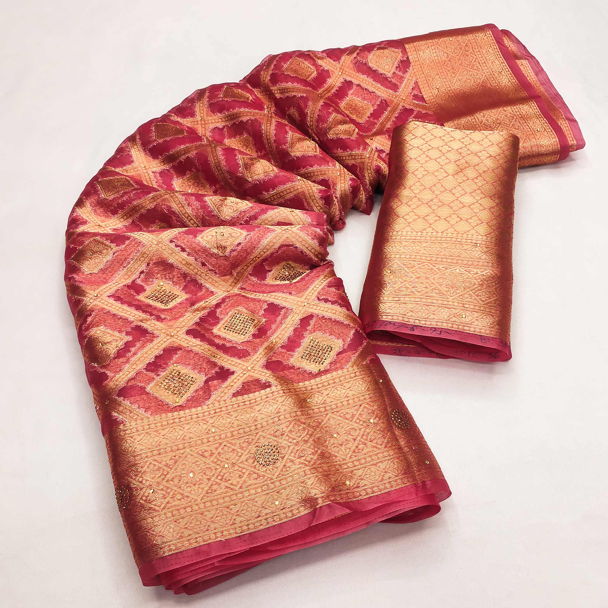 Pink Woven With Stonework Organza Jacquard Saree