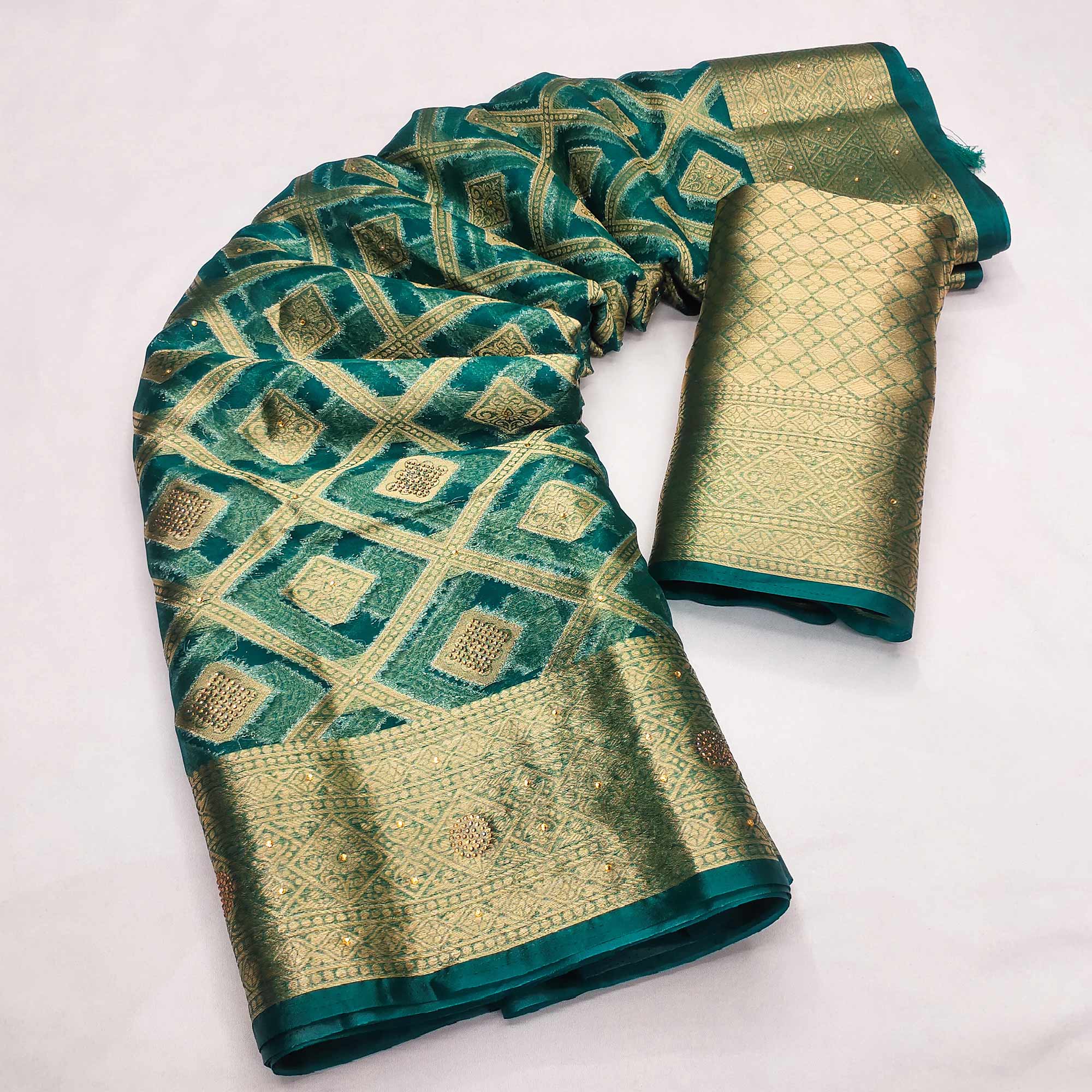 Morpich Green Woven With Stonework Organza Jacquard Saree