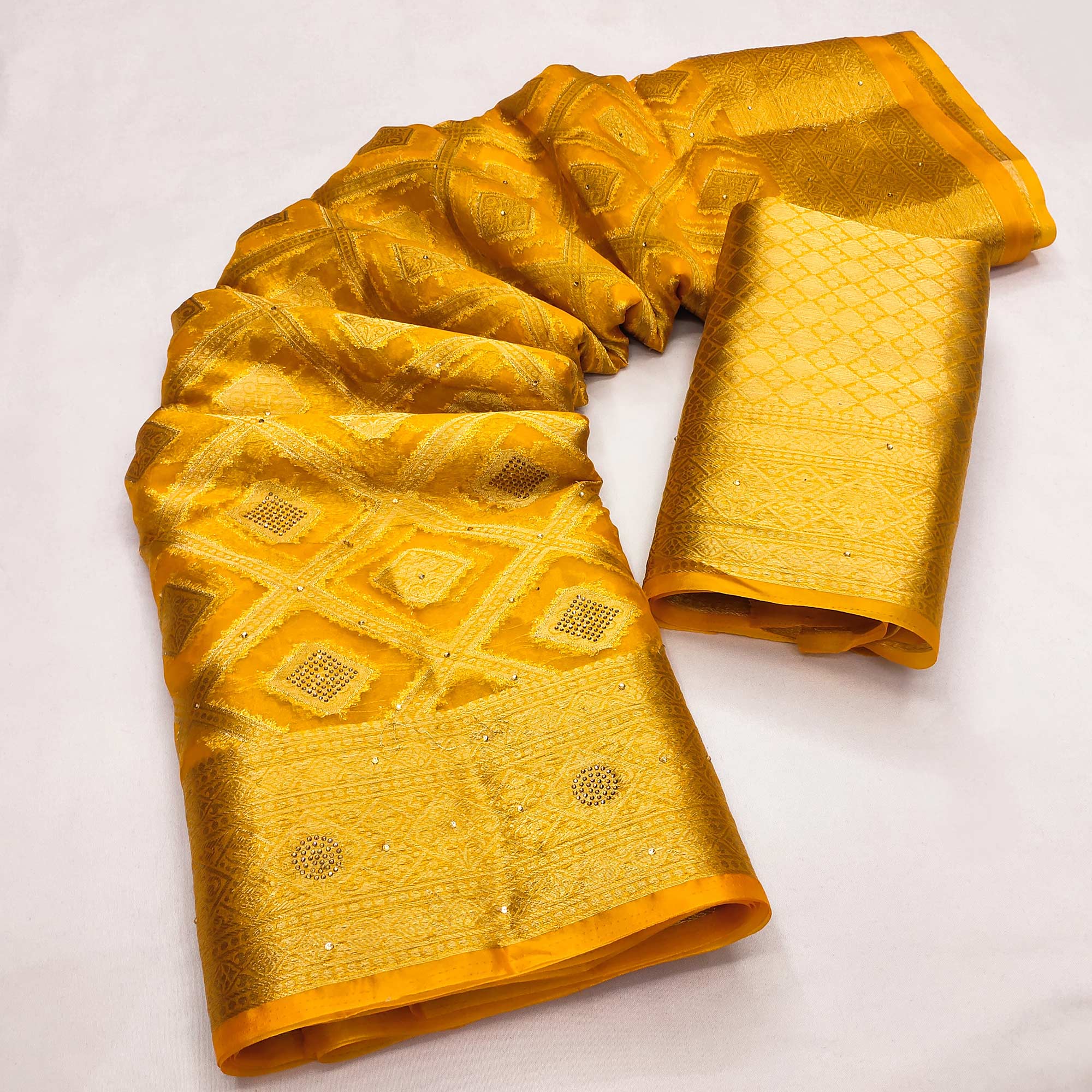 Mustard Woven With Stonework Organza Jacquard Saree