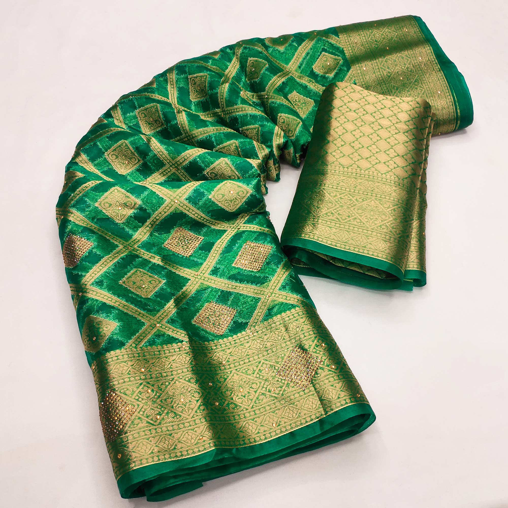 Green Woven With Stonework Organza Jacquard Saree