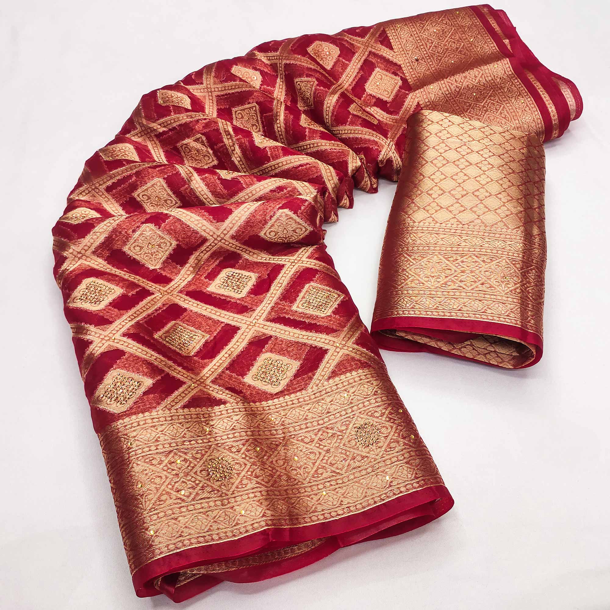 Cherry Red Woven With Stonework Organza Jacquard Saree