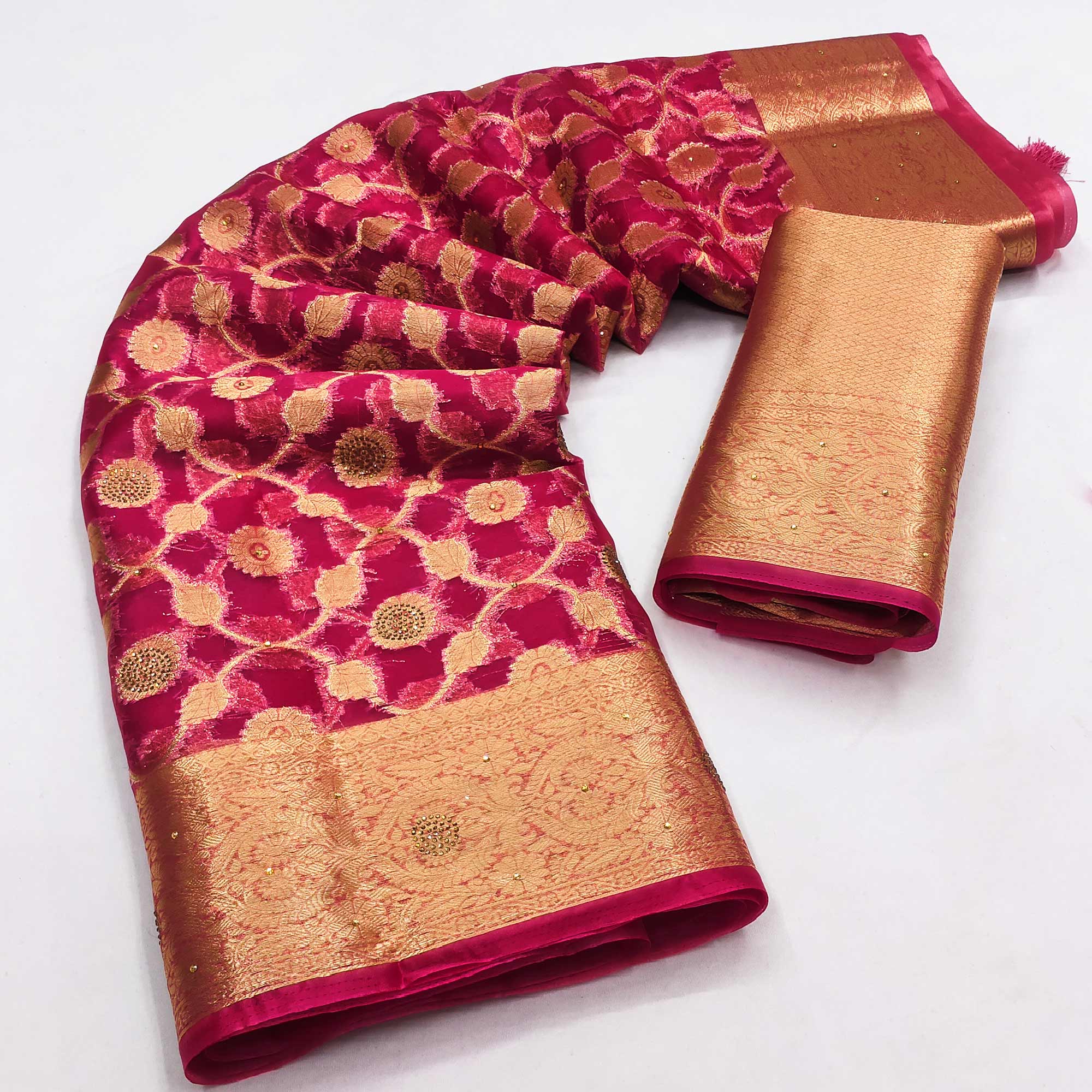 Pink Stone Work Woven Organza Jacquard Saree