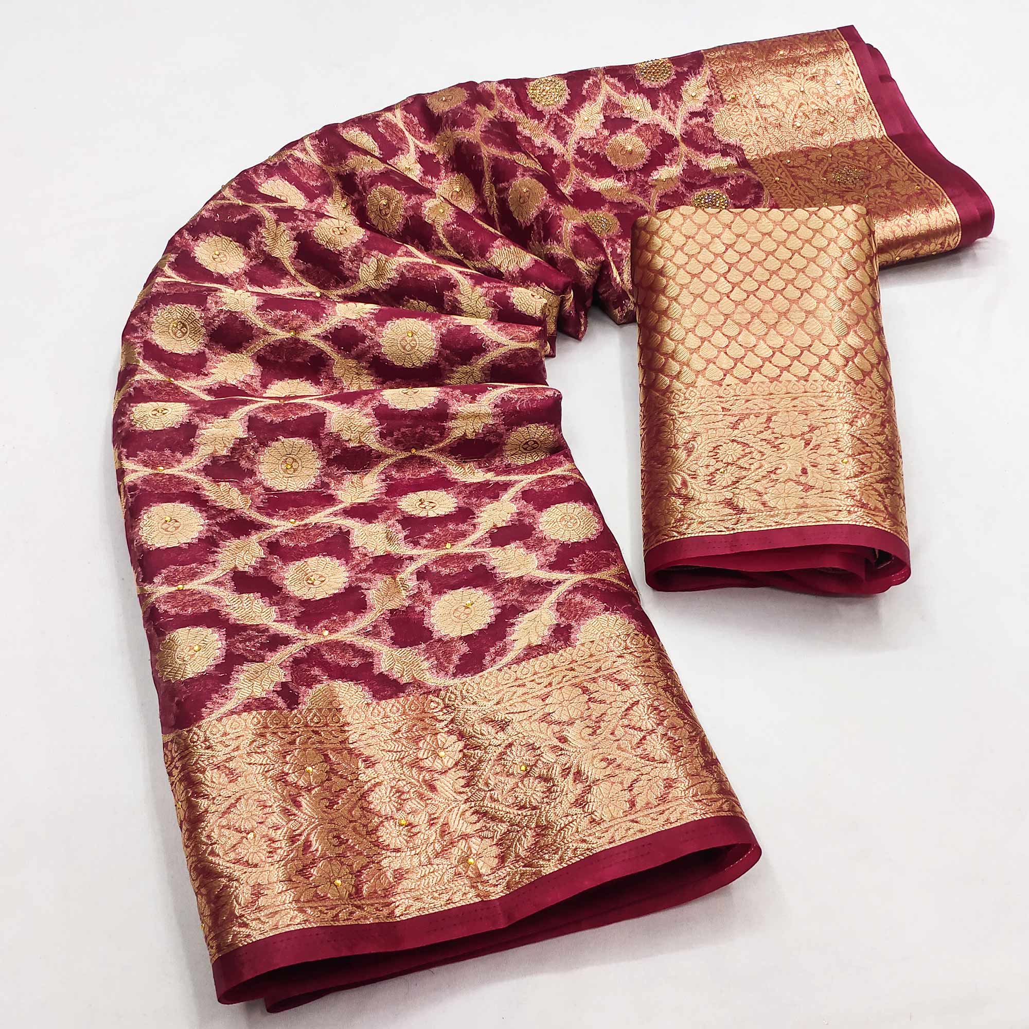 Wine Stone Work Woven Organza Jacquard Saree