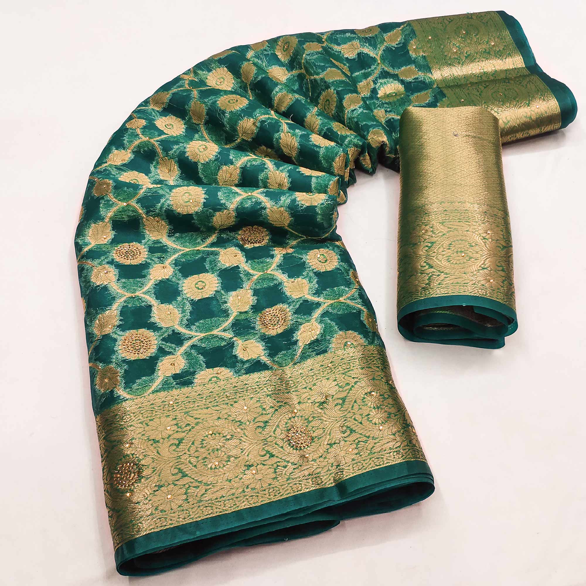 Dark Teal Stone Work Woven Organza Jacquard Saree