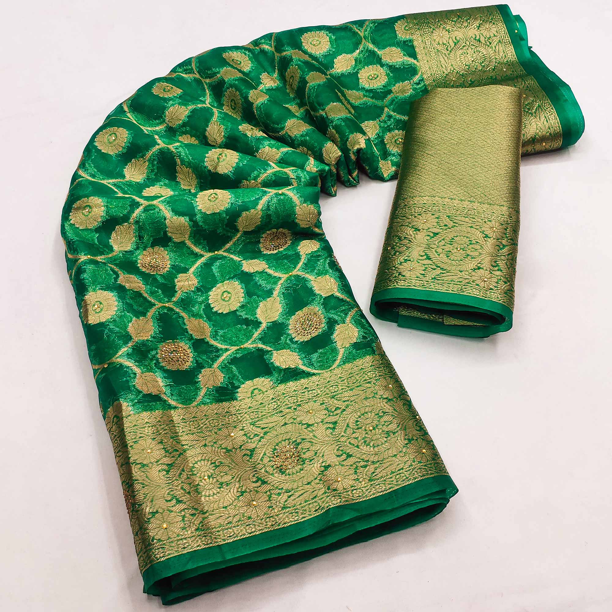 Green Stone Work Woven Organza Jacquard Saree