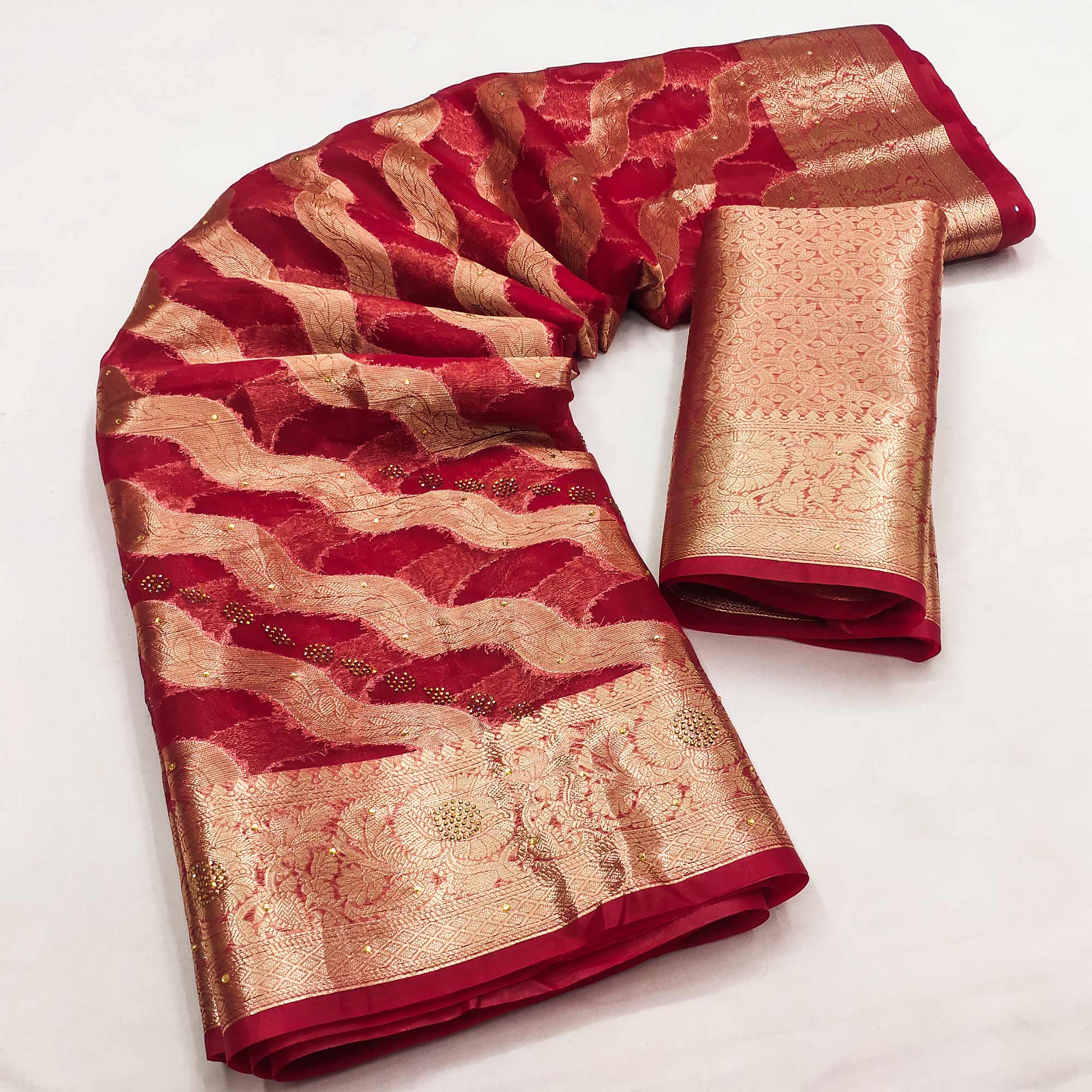 Wine Stone Work Woven Organza Jacquard Saree